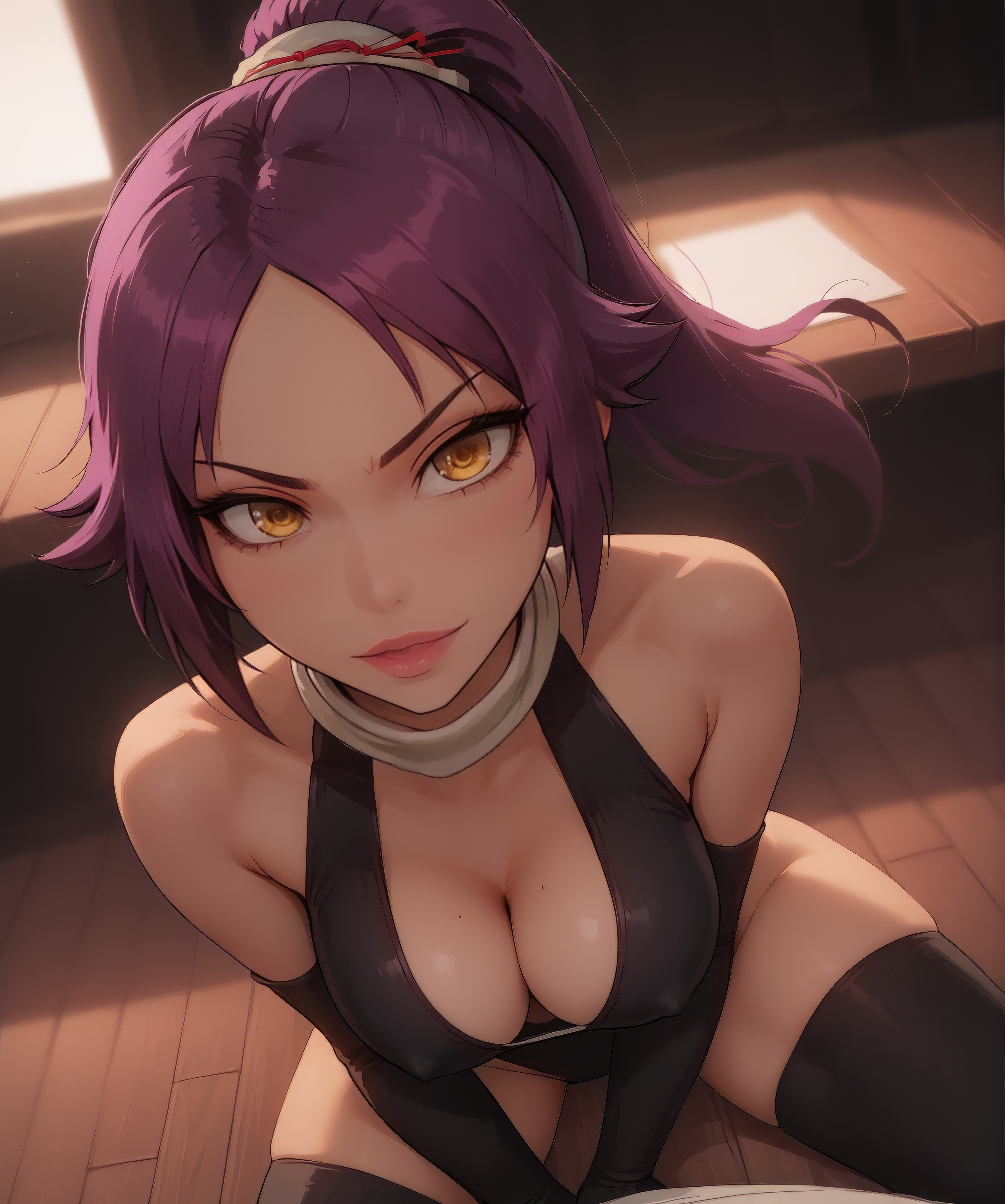 1girls, ai generated, bdmaestro, bleach, cleavage, detached sleeves, female, female only, from above, looking at viewer, ponytail, purple hair, shihouin yoruichi, solo, thighhighs, yellow eyes