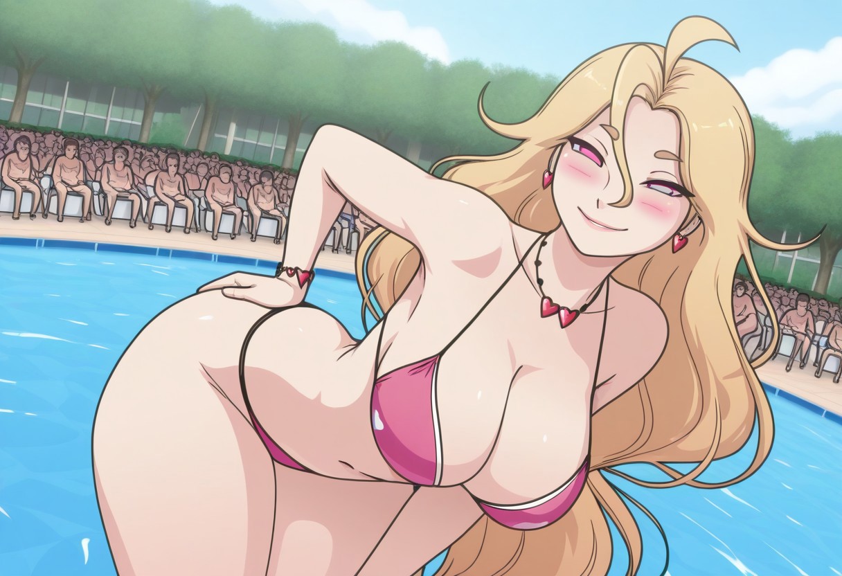 ai generated, ass, bent over, big ass, blonde hair, blue eyes, breasts, cartoon, cleavage, female, large breasts, long hair, naughty face, small waist, valentine (derpixon), vector, waterpark