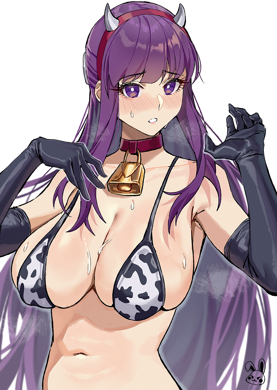 1girls alternate_costume animal_print bare_shoulders bell big_breasts bikini black_gloves breasts bright_pupils celyn404 choker collar commentary_request cow_print cow_print_bikini cowbell elbow_gloves fake_horns female fern_(sousou_no_frieren) gloves hairband highres horns large_breasts long_hair navel print_bikini purple_hair red_choker red_hairband solo sousou_no_frieren stomach swimsuit upper_body very_long_hair white_pupils