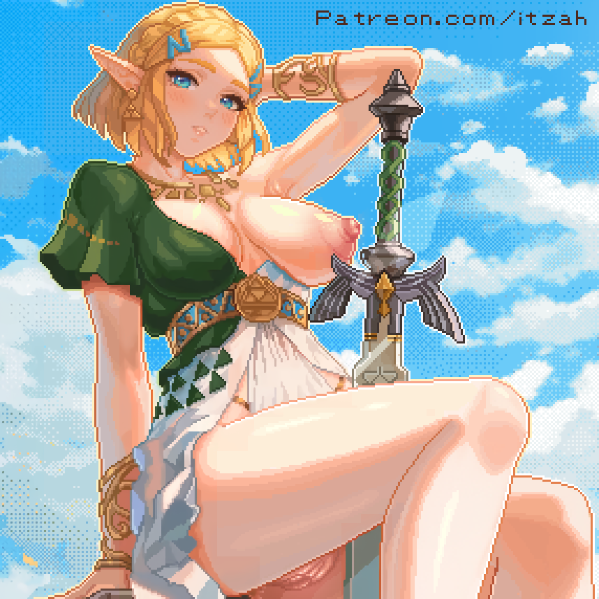 1girls big_breasts blonde_hair breasts cameltoe casual_nudity clothing convenient_censoring edit female itzah legs_closed nintendo one_breast_out pale_skin pixel_art princess_zelda pussy shield sword tears_of_the_kingdom the_legend_of_zelda third-party_edit thong tunic uncensored vagina zelda_(tears_of_the_kingdom) zelda_protagonista