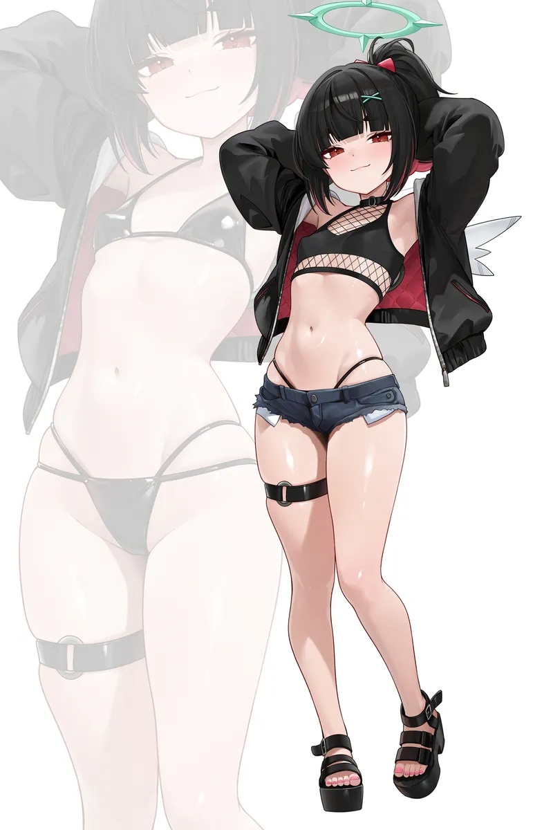 1girl, alternate hairstyle, alternate version available, angels of delusion, bikini, black hair, blush, female, female focus, female only, highres, hoodie, jacket, light skin, light-skinned female, medium hair, micro shorts, midriff, nangong yu (zenless zone zero), navel, nonsexual, platform footwear, platform heels, red eyes, revealing clothes, short shorts, shorts, simple background, small breasts, smug, solo, solo female, standing, swimsuit, two-tone hair, weimiaw, white background, zenless zone zero