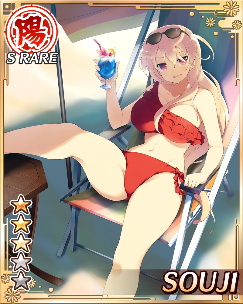 big_breasts bikini blonde_hair drink red_eyes senran_kagura souji_(senran_kagura) yaegashi_nan