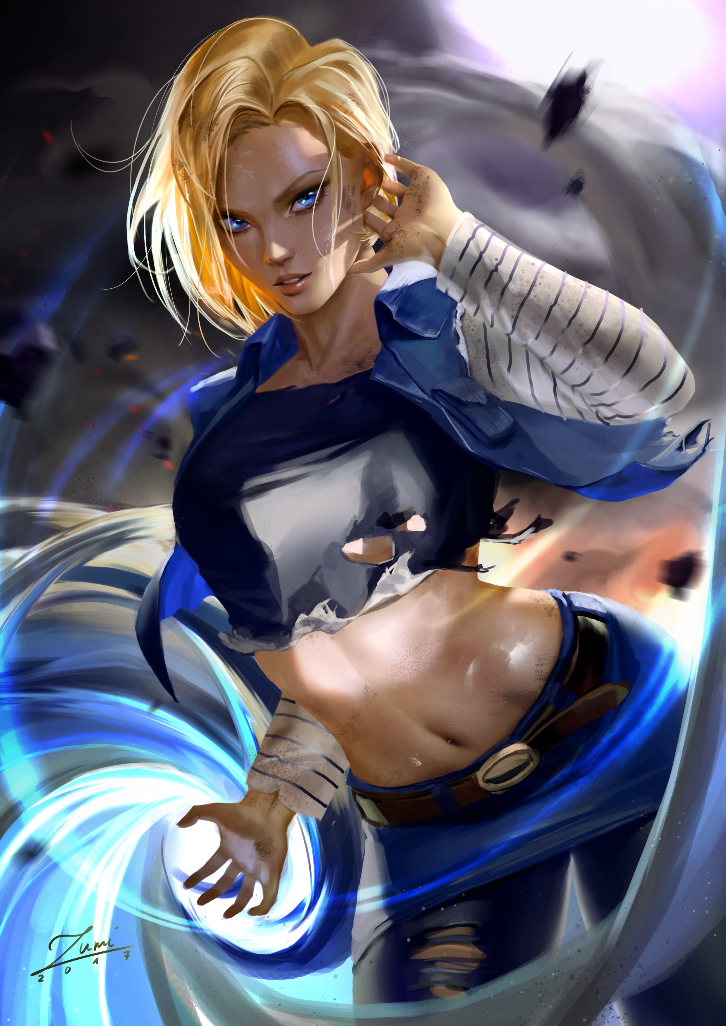 1girls, 2017, android 18, blonde hair, blue eyes, color, dragon ball, dragon ball z, female, female only, high resolution, highres, navel, realistic, short hair, zumi