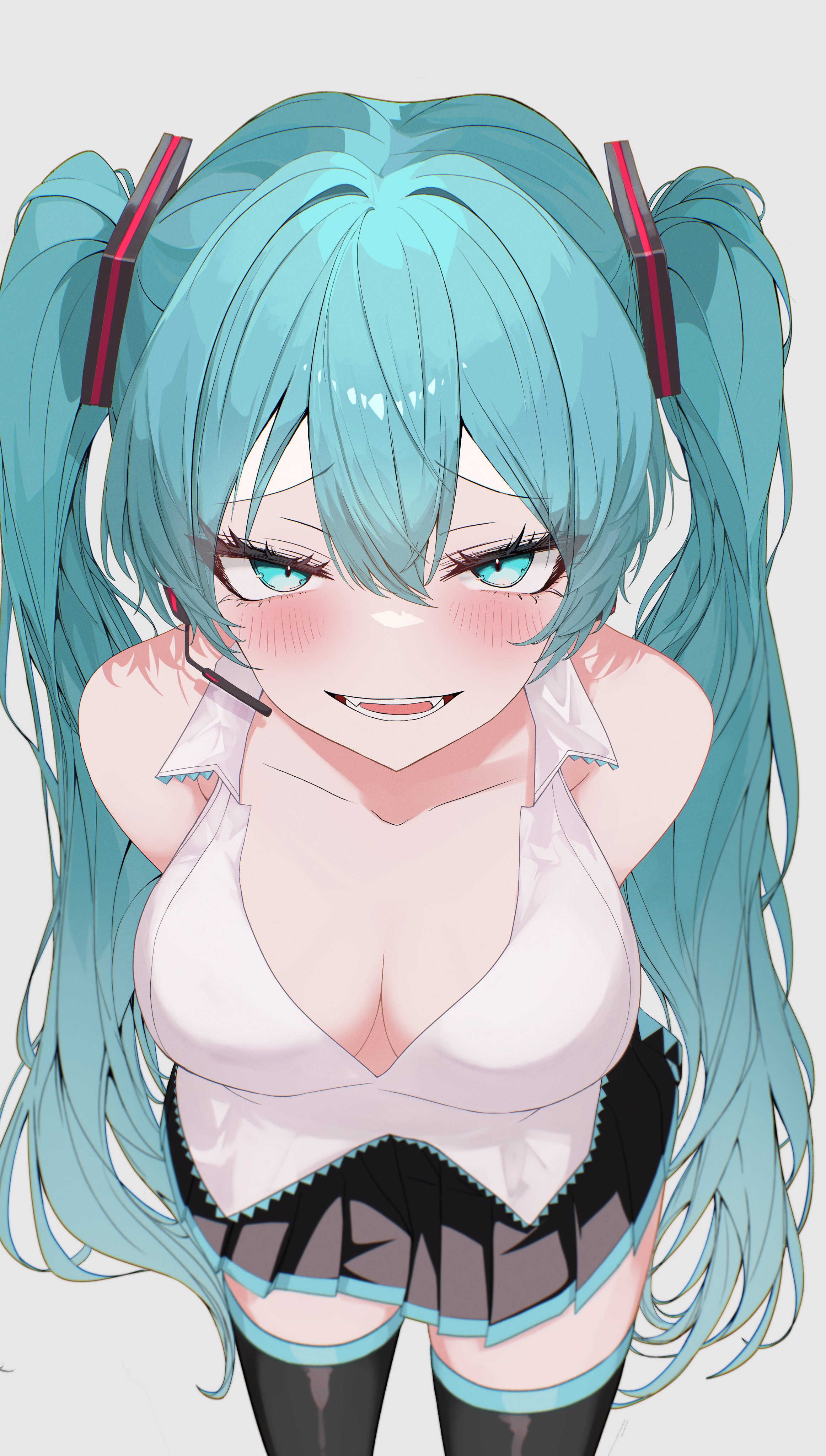 1girl, 1girls, aqua eyes, aqua hair, arms behind back, bangs, bare shoulders, black skirt, blue eyes, blue hair, blush, breasts, cleavage, collarbone, eikawa suru, eye contact, female, fully clothed, hair between eyes, hair ornament, hands behind back, hatsune miku, kawasuru, large breasts, long hair, looking at viewer, open mouth, pleated skirt, pov, shirt, simple background, skirt, sleeveless, smile, solo, thighhighs, thighs, twintails, very long hair, vocaloid, white background, zettai ryouiki
