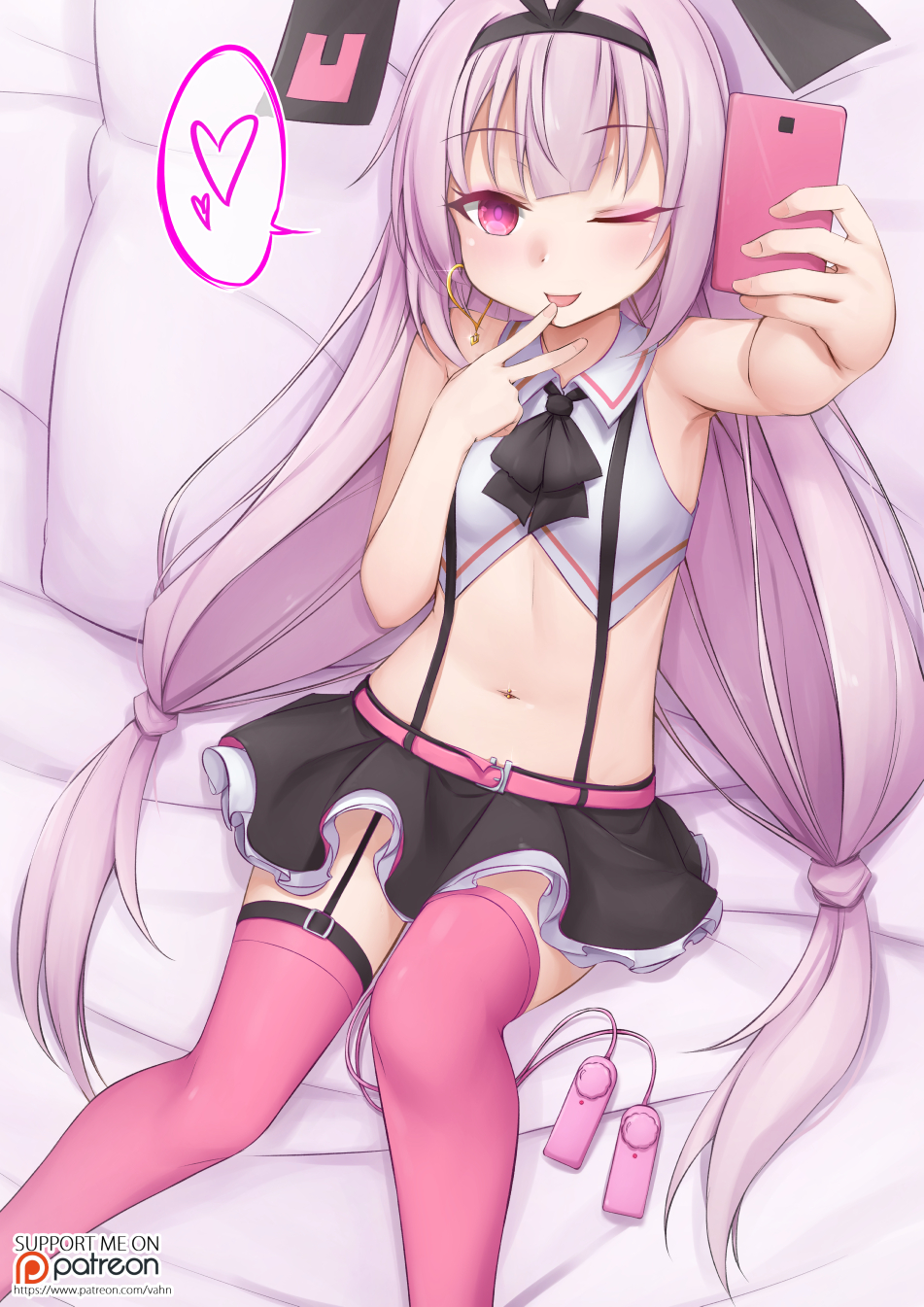 1girls ;d azur_lane bangs bare_arms bare_shoulders bed_sheet belt belt_buckle black_bow black_hairband black_ribbon black_skirt bow buckle cellphone closed_mouth collared_shirt eagle_union_(azur_lane) eyebrows_visible_through_hair female female_only fingernails hair_ribbon hairband hand_up heart highres hobby_(azur_lane) holding holding_cellphone holding_phone light-skinned_female light_skin long_hair lying masturbation navel on_back one_eye_closed open_mouth outstretched_arm phone pillow pink_belt pink_eyes pink_legwear pleated_skirt purple_hair remote_control_vibrator ribbon self_shot shirt skirt sleeveless sleeveless_shirt smile solo spoken_heart thighhighs tongue tongue_out vahn_yourdoom very_long_hair vibrator white_shirt