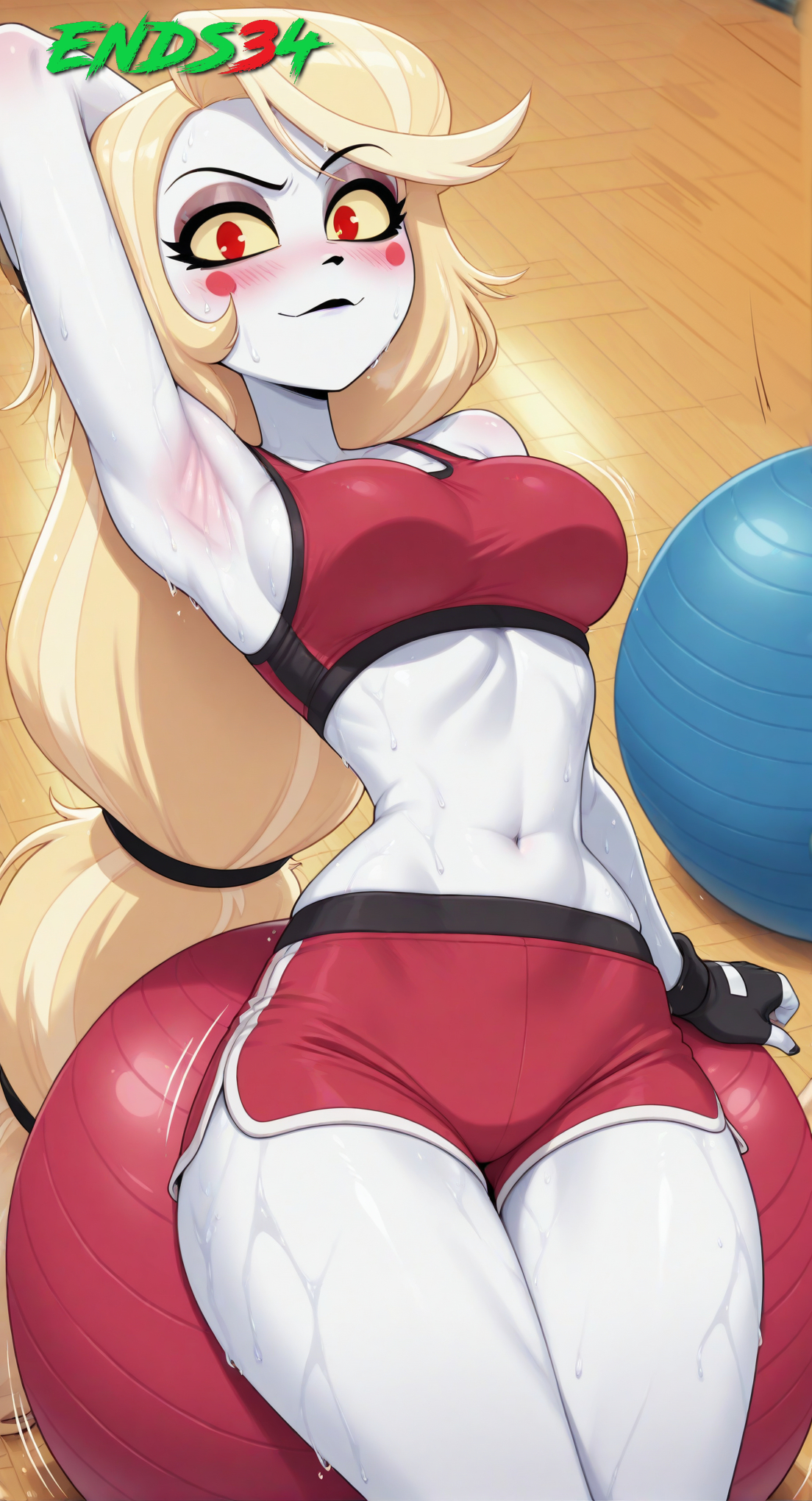 ai generated, armpits, blonde hair, breasts, charlie morningstar (hazbin hotel), dolphin shorts, ends34, female, female focus, female only, fit, fit female, hazbin hotel, long hair, medium breasts, red shorts, red sports bra, shorts, sports bra, sports shorts, sports uniform, sportswear, wet
