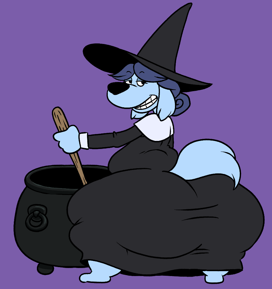 1girls anthro ass belly blue_hair canine canine canine_humanoid cauldron costume dress fat fawxen female female_focus female_only furry hips hyper_ass large_ass lita_(fawxen) looking_back overweight overweight_female stick stomach thick_thighs thighs wide_hips witch_costume witch_hat