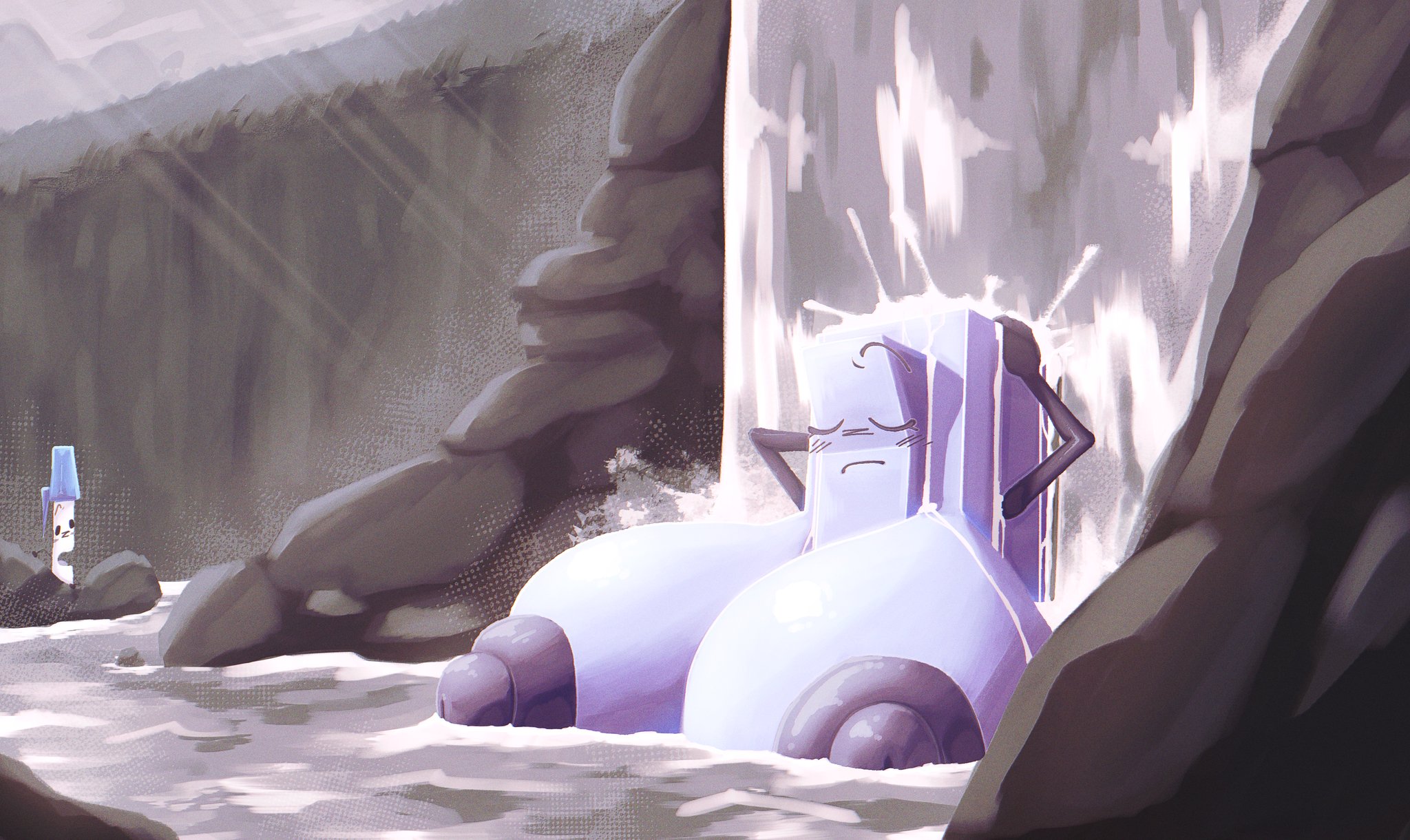 1boy, 1girls, battle for dream island, bfb, bfdi, big breasts, blueruchka, breasts, color, colored, female, liy (bfdi), male, nipples, no sex, object show, object shows, one (bfdi), outdoors, outside, pen (bfdi), purple nipples, the power of two, tpot, twitter link, water, waterfall