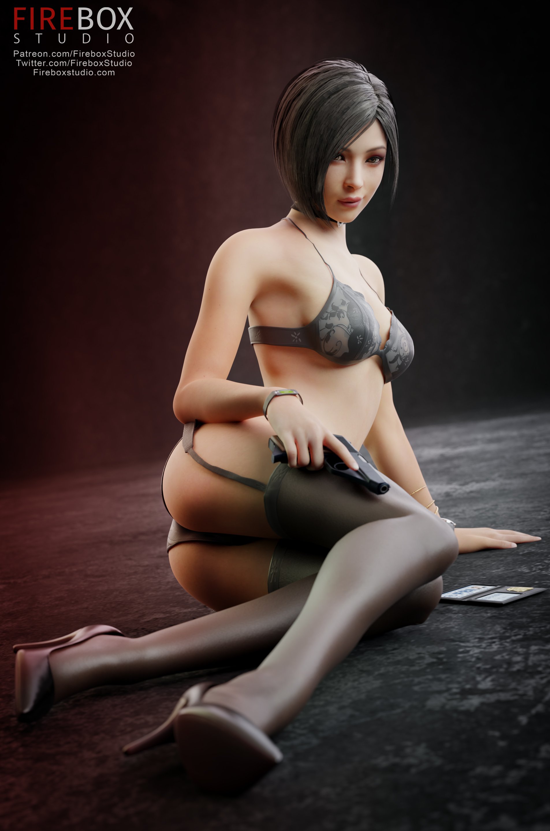 1girls, 3d, ada wong, ada wong (adriana), asian, ass, blender, breasts, cleavage, clothed, female, female only, fireboxstudio, high heels, lingerie, resident evil, resident evil 2, solo, text, thighhighs, url, watermark, wide hips