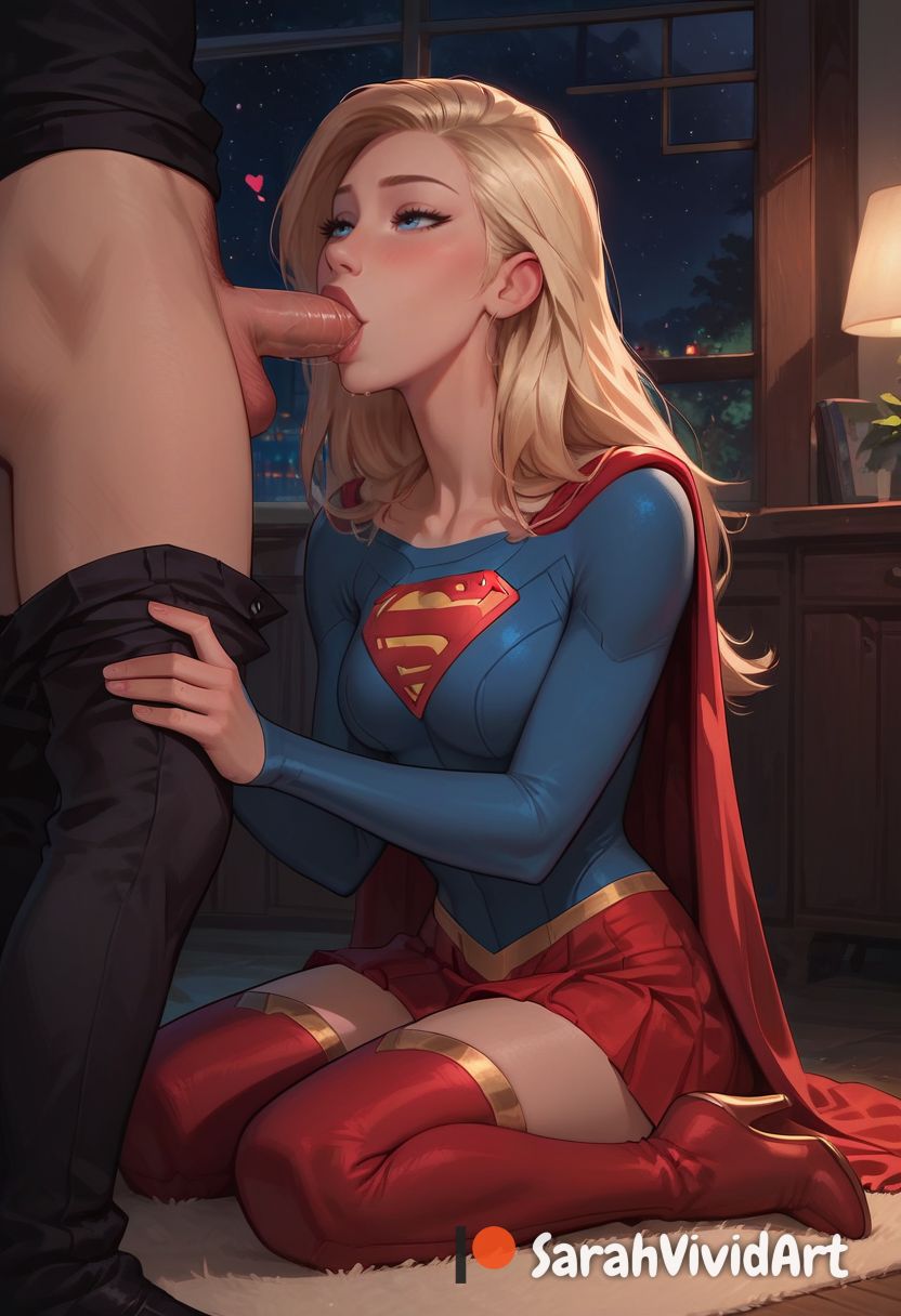 1boy 1girls ai_generated blonde_hair blowjob blue_eyes blush cock_worship dc dc_comics fellatio female female_focus from_below indoors inside kara_danvers kara_zor-el karen_starr kneeling long_hair looking_up oral sarahvividart seductive shiny_skin standing sucking sucking_penis supergirl superheroine superman_(series)