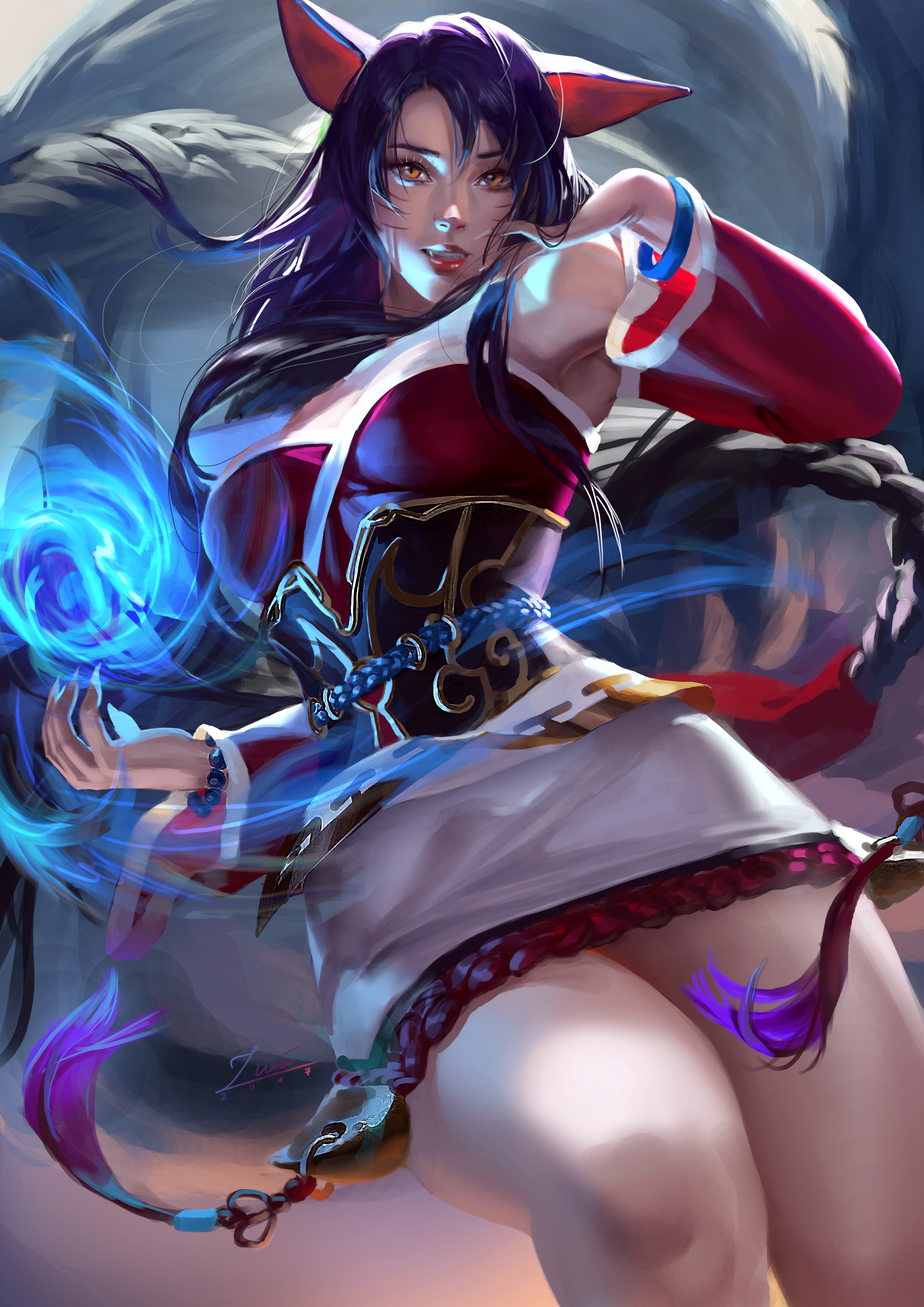 2017, ahri, animal ears, animal tail, color, female, high resolution, highres, kitsune, league of legends, sharp nails, yellow eyes, zumi