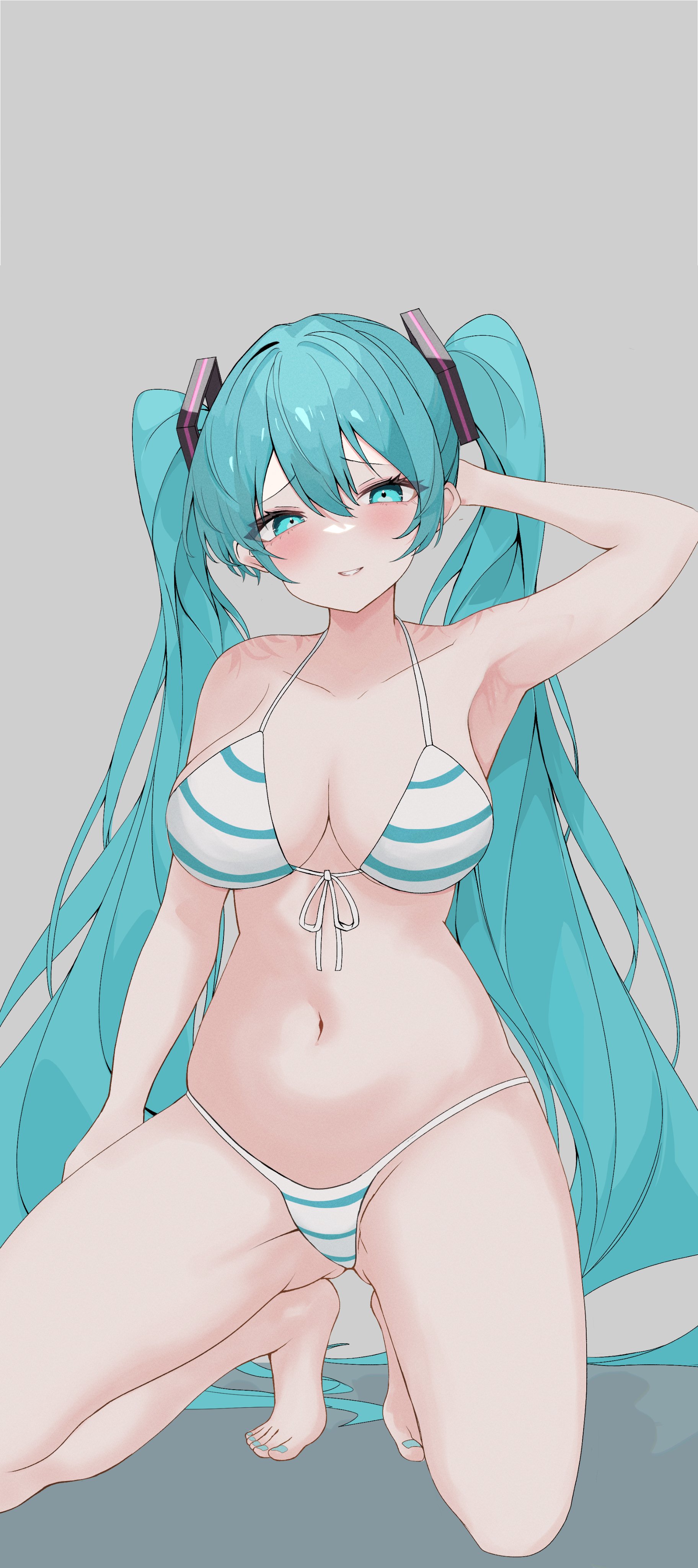 1girl, 1girls, aqua eyes, aqua hair, aqua nails, armpits, barefoot, bikini, blue bikini, blue eyes, blue hair, blue panties, blush, breasts, eikawa suru, eye contact, feet, female, front-tie top, full body, hand on head, hatsune miku, kawasuru, large breasts, long hair, looking at viewer, nail polish, navel, painted toenails, panties, pov, simple background, smile, solo, squatting, string bikini, string panties, striped, striped bikini, swimsuit, thick thighs, thighs, toenail polish, toenails, twintails, very long hair, vocaloid, waist