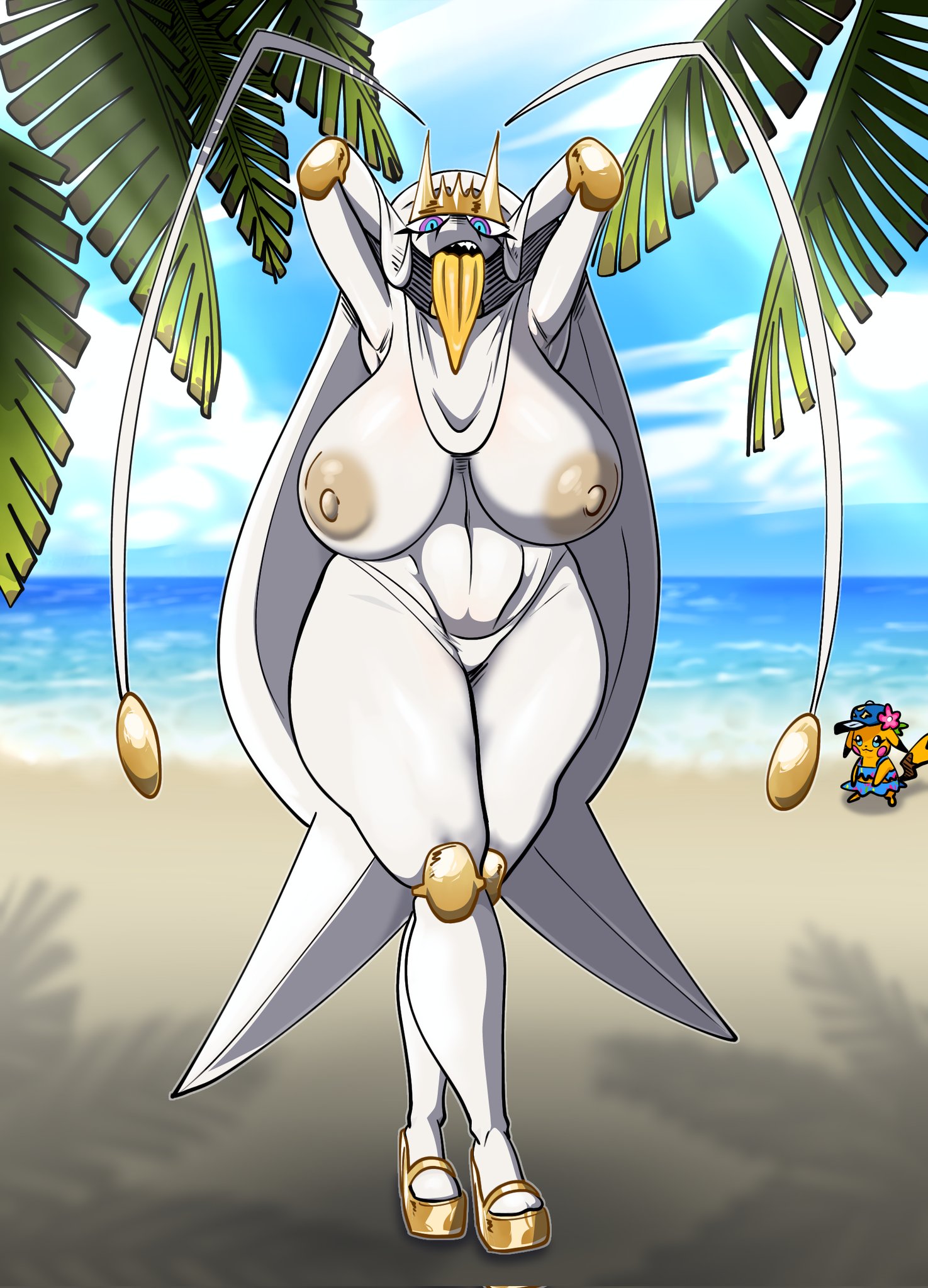 1girls, almost naked, arms behind back, big breasts, big tongue, breasts, female, female focus, female only, female pikachu, gallo wazavi, game freak, heels, high heels, looking at viewer, ms. wavychu, namipika-chan, nintendo, outdoors, pheroache, pheromosa, pikachu, pokémon (species), pokemon, pokemon (species), pokemon sm, pokemon usm, pokemon ww, solo focus, tagme, thick thighs, thighs, tongue, tongue out, ultra beast