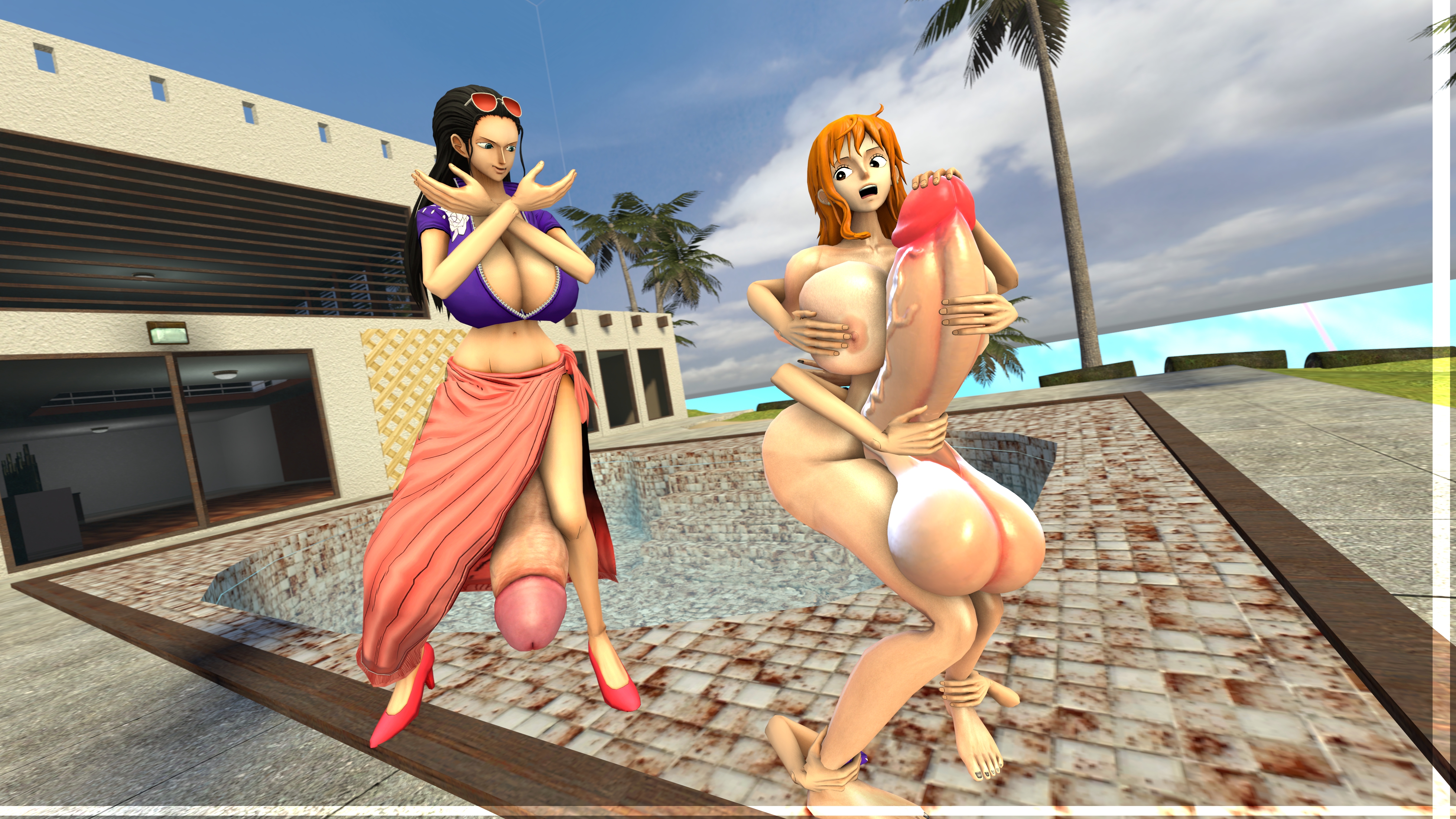 2futas, 3d, adult swim, areola, balls, breasts, cleavage, curvy, enf, erect nipples, erection, erection under clothes, erection under skirt, eyewear on head, futa on futa, futa only, futanari, hana hana no mi, high heels, huge breasts, humiliation, hyper, hyper balls, hyper penis, intersex, nami (one piece), nico robin, nipples, no panties, nude, one piece, penis, penis out, penis under clothes, penis under skirt, post-timeskip, sfm, shocking (artist), skirt, skirt lift, source filmmaker, sunglasses on head, toonami