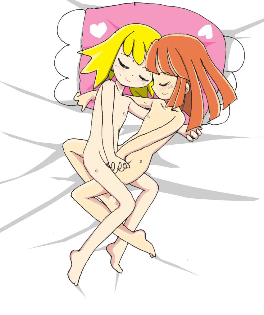 2girls amitie arle_nadja barefoot blonde_hair closed_eyes completely_nude completely_nude_female ebi_taro fully_nude fully_nude_female holding_hands nipples orange_hair puyo_puyo sega sleeping sweating yellow_hair yuri