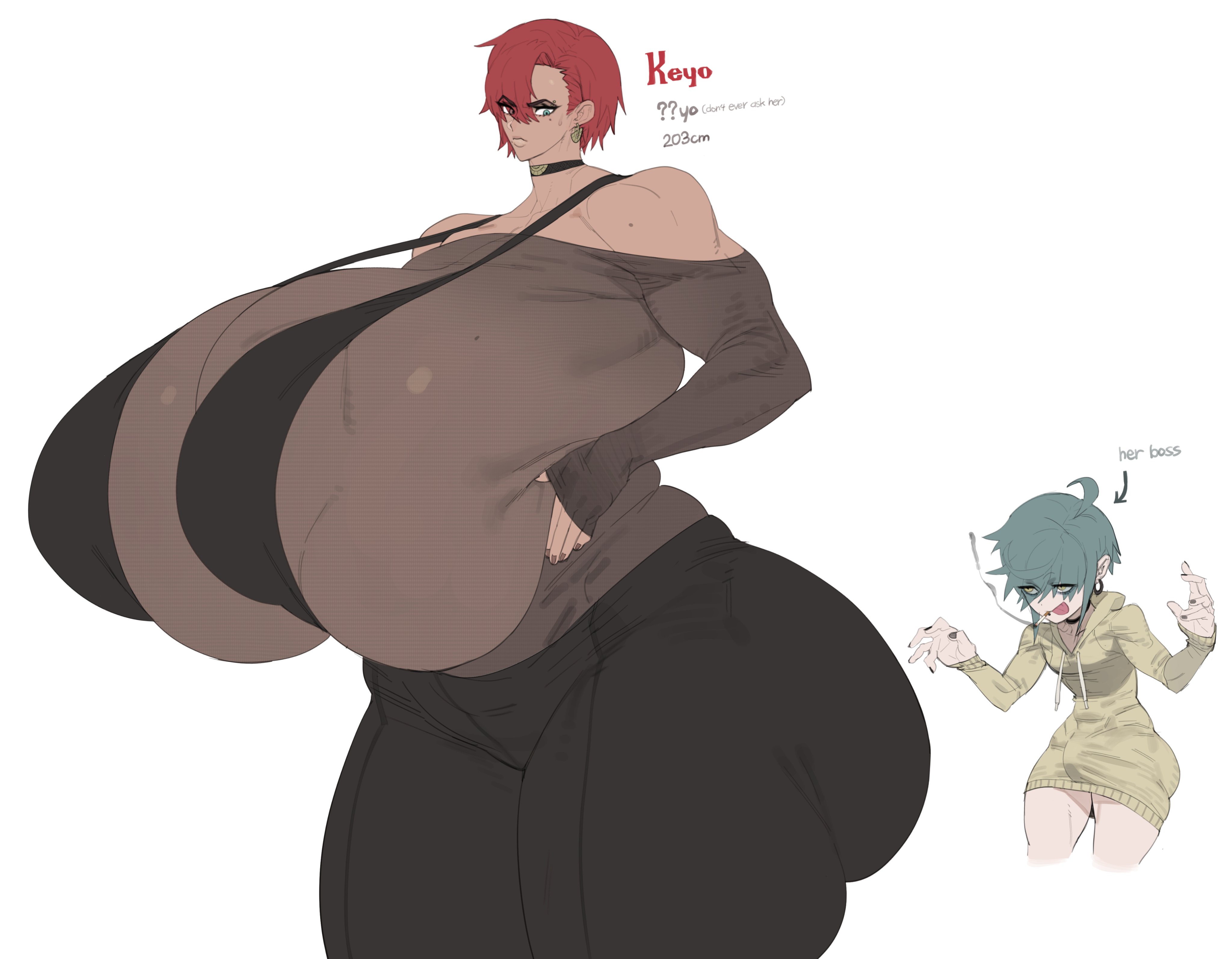 1boy, 1girls, ass, big ass, big body, big body small head, big breasts, breasts, bulge, cigarette, fat ass, female, female focus, fully clothed, giant breasts, gigantic breasts, huge ass, huge breasts, hung trap, hyper, hyper breasts, larger female, male, maotthat, massive ass, massive breasts, original character, red hair, size difference, smaller male, tall female, taller female, tan skin