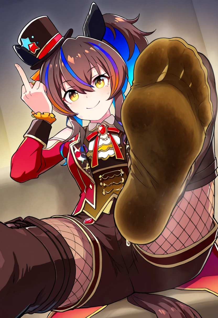 ai_generated animal_ears brown_hair daitaku_helios_(umamusume) dirty_socks feet female foot_focus gold_eyes horse_ears horse_girl horse_tail middle_finger smile socks soles solo streaked_hair sweat_soles sweaty umamusume umamusume_pretty_derby