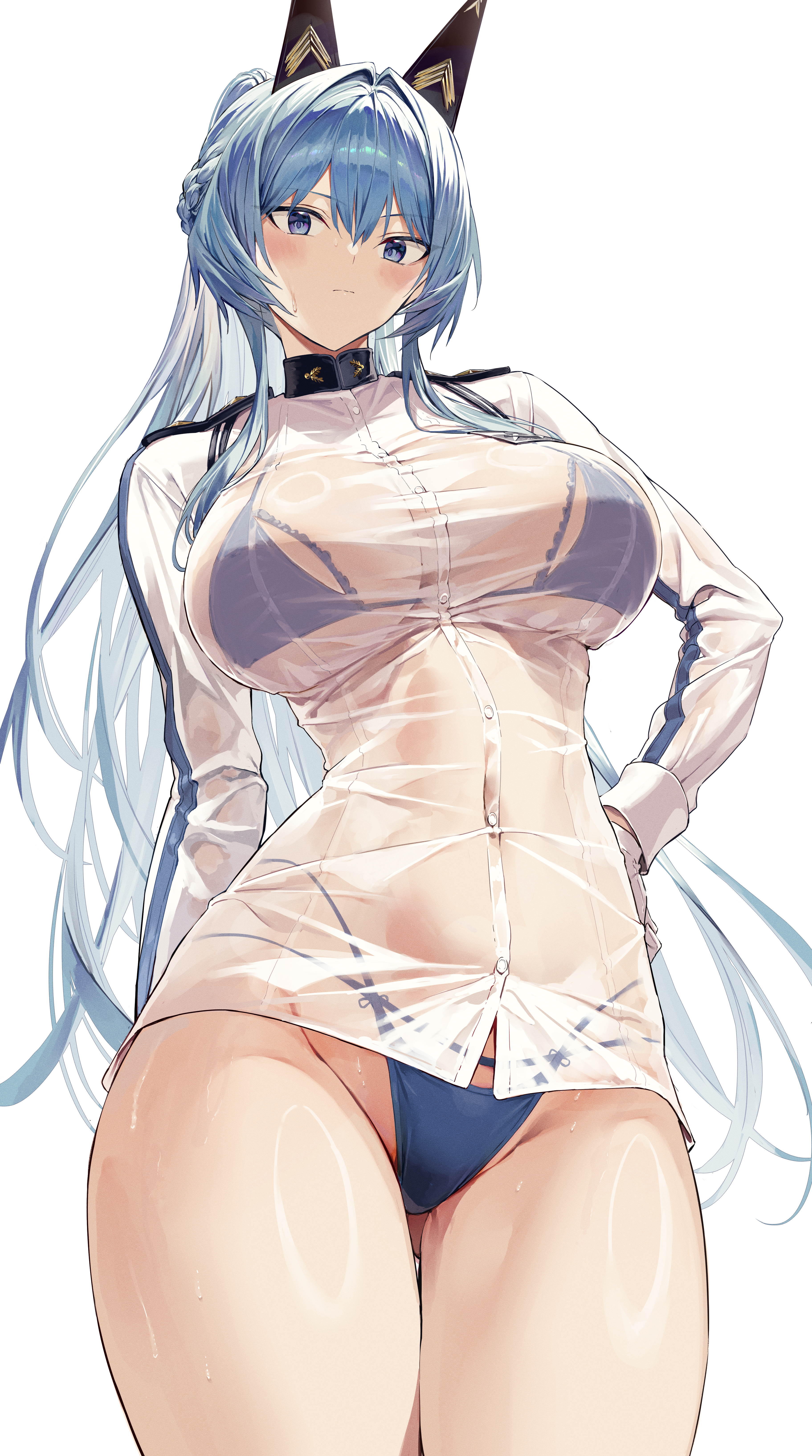 1girls, big breasts, blush, blushing at viewer, breasts, curvaceous, curvy, curvy female, female, female focus, goddess of victory: nikke, helm (aquamarine) (nikke), helm (nikke), hi res, highres, hiiragi yuuichi, hourglass figure, huge breasts, large breasts, light skin, light-skinned female, long hair, looking at viewer, slim waist, solo, thick thighs, thighs, wide hips