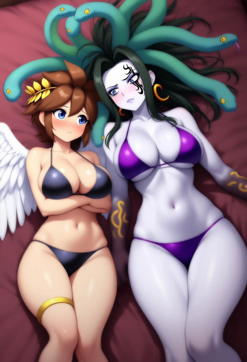 2girls ai_generated angel angel_wings bed_sheet bikini breasts brown_hair genderswap_(mtf) kid_icarus medusa_(kid_icarus) nintendo pit_(kid_icarus) rule_63