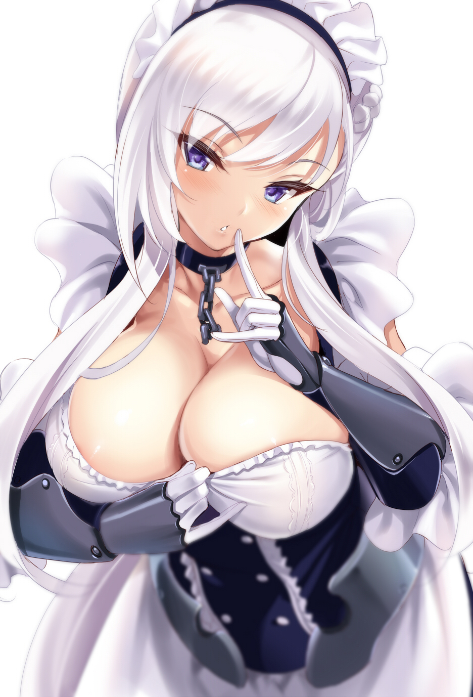 2019, azur lane, belfast (azur lane), big breasts, blue eyes, breasts, cle masahiro, collar, color, eyebrows visible through hair, female, high resolution, highres, long hair, maid, white hair