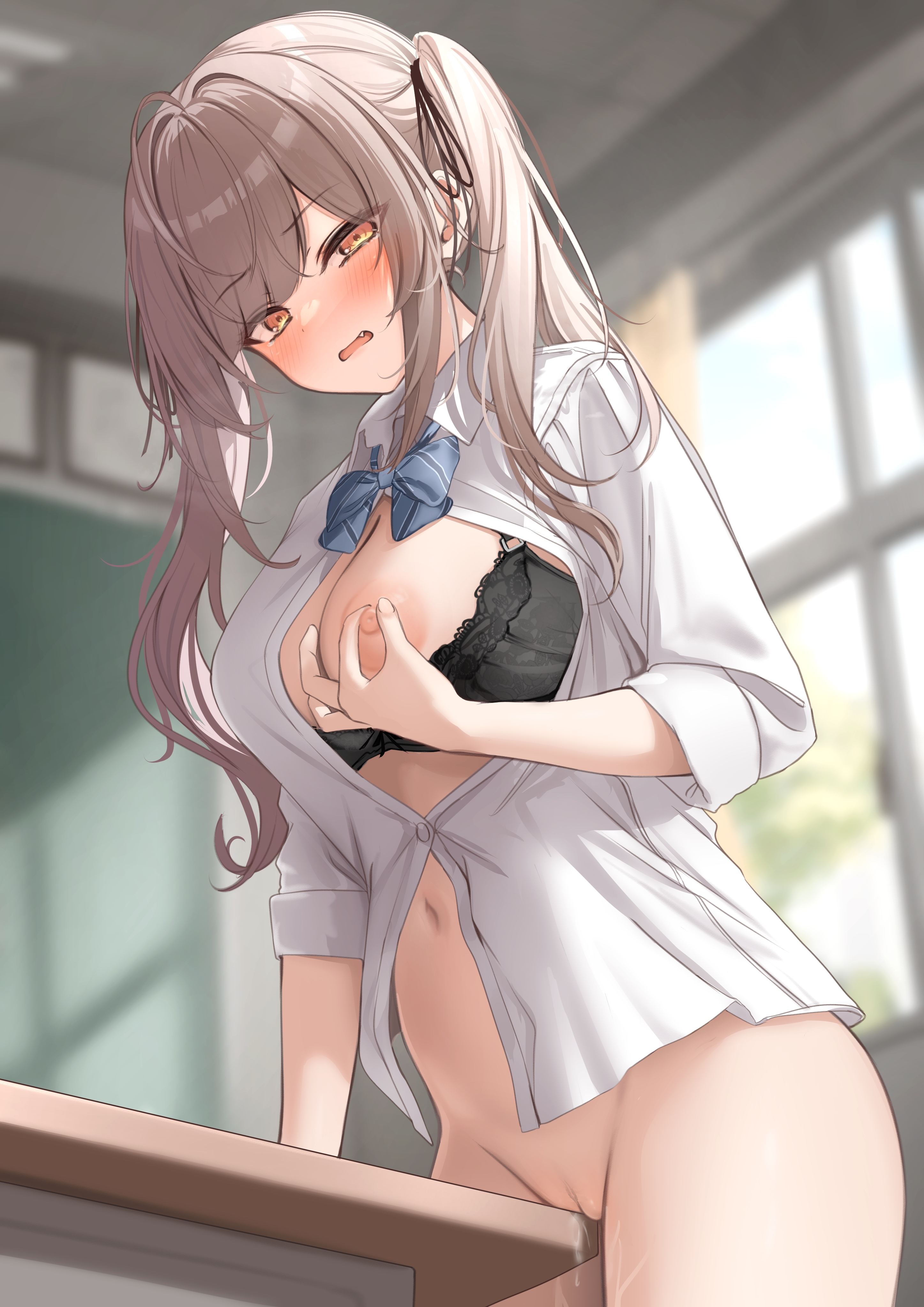 1girls, amber eyes, breasts, brown hair, female, female focus, female masturbation, female only, hairless pussy, imouto-chan (monaka curl), large breasts, masturbation, monaka curl, nipples, pussy, table, table humping