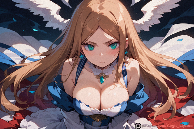 1girl 1girls aegis_elysium ai_art ai_generated big_breasts blush blushing blushing_at_viewer breasts brown_hair casual casual_clothes cleavage cloud clouds day dress earrings female female_focus gem gloves green_eyes hair_ornament headpiece highres indoors jewelry konami_kirie light long_hair looking_at_viewer patreon_username room skindentation sky smile solo solo_focus thick thick_breasts tiara very_long_hair wings world_trigger