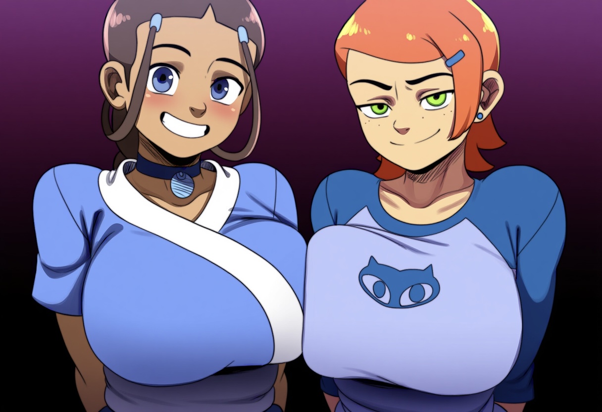 2girls, ai generated, alternate breast size, avatar the last airbender, ben 10, bolt on tits, breast implants, breasts, cartoon network, crossover, dark skin, dark-skinned female, enhanced breasts, fake breasts, female, female only, gwen tennyson, huge breasts, katara, large breasts, light skin, light-skinned female, mullon, multiple females, multiple girls, nickelodeon, novelai, paulinebabe, silicone, silicone implants