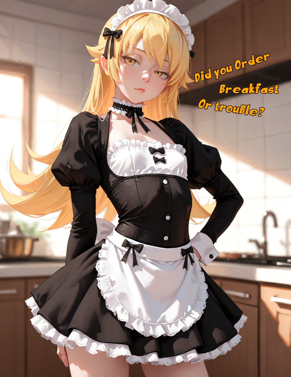 1man, ai generated, anime girl, breasts, cute, female, maid uniform, monogatari (series), oshino shinobu, petite, petite body, petite breasts, petite female, small breasts, solo female, teenage female, teenager, uniwaifu