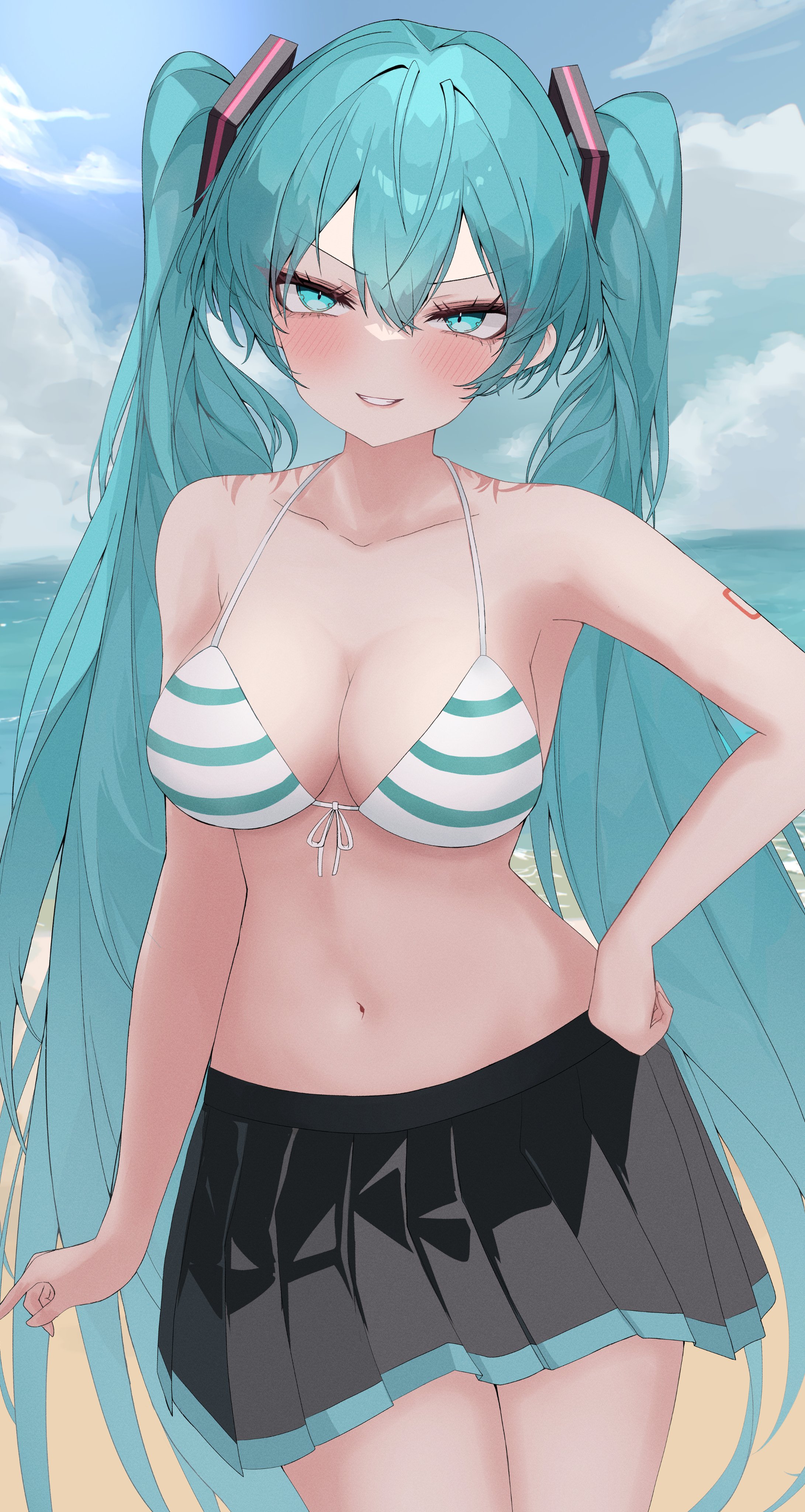 1girl, 1girls, aqua eyes, aqua hair, bangs, beach, big breasts, bikini, black skirt, blue bikini, blue eyes, blue hair, blue sky, blush, breast focus, breasts, cleavage, cloud, collarbone, cowboy shot, day, eikawa suru, eye contact, female, female only, front-tie top, grin, halterneck, hand on hip, hatsune miku, kawasuru, large breasts, long hair, looking at viewer, medium breasts, miniskirt, navel, ocean, outdoors, pleated skirt, pool-skirt, pov, short skirt, skirt, sky, smile, smiling, solo, striped, striped bikini, swim skirt, swimsuit, tattoo, thick thighs, thighs, twintails, very long hair, vocaloid, waist