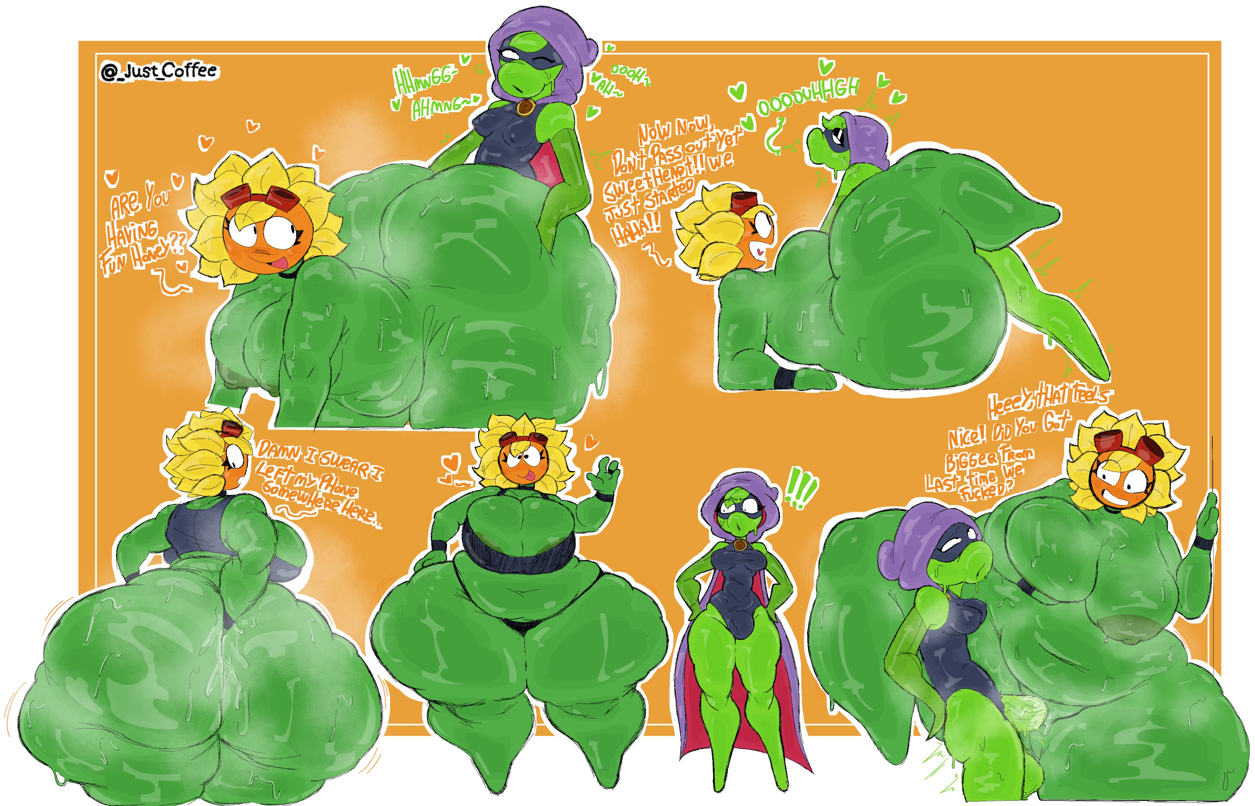 2025, 2d, 2d (artwork), 2d artwork, anthro, anthro on anthro, anthro penetrated, anthrofied, ass, ass bigger than head, ass focus, balls, bbw, big ass, big balls, big breasts, big penis, big thighs, bigger female, black panties, black tank top, bodysuit, bracelets, breasts, bulge, bulge through clothing, bulge under clothes, butt digging, casual nudity, chubby, chubby female, cleavage, clothed, digging up in they ass, doggy style, dumptruck ass, dumptruck butt, eyelashes, fat, fat ass, fat butt, female, flower, flower petals, freckles, freckles on face, futa on female, futanari, goggles, green body, green shadow (pvz), green skin, heart, hood, hood up, huge ass, huge breasts, huge butt, huge thighs, hyper ass, hyper butt, hyper hips, intersex, just coffee, looking back, looking pleasured, mask, masked, masked female, naked, naked female, necklace, nipples, nipples visible through clothing, nude, orange background, overweight, overweight female, overwhelmed, overwhelming pleasure, panties, peashooter (pvz), penis, plant, plant girl, plant hair, plant humanoid, plants, plants vs zombies, pleasure face, popcap games, presenting, presenting ass, pussy, revealing clothes, ring, sex, sex from behind, sideass, simple background, smaller futa, solar flare (pvz), steam, steaming body, steamy, steamy ass, sunflower, sunflower (pvz), sweat, sweatdrop, sweating, sweaty, sweaty body, sweaty penis, sweaty thighs, tank top, teasing, text, tongue, tongue out, uncensored, vagina, vaginal fluids, vaginal insertion, vaginal juices, vaginal penetration, vaginal sex