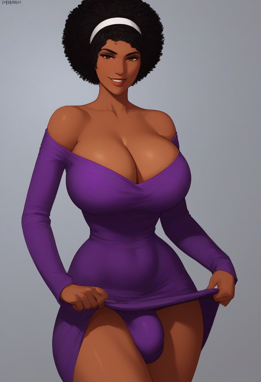 1futa 2d afro ai_generated aka6_(style) black_hair blondshell brown_eyes bulge bulge_through_clothing civitai dark-skinned_futanari dark_skin futa_only futanari hairband human human_only lifting_dress long_sleeves looking_at_viewer original_character panties purple_dress purple_panties solo tagme