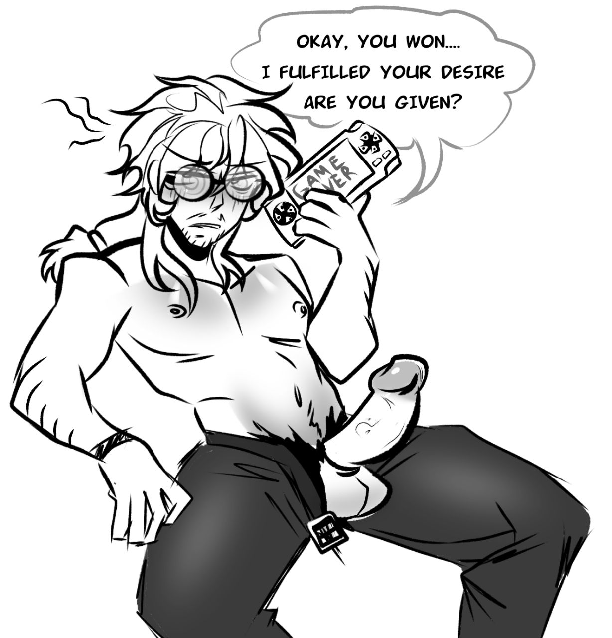 1boy, 2020s, 2025, 2d, balls, cock, dialogue, dick, digital drawing (artwork), digital media (artwork), dyadya gema, english text, erection, facial hair, gema taku, glasses, human, human only, looking at viewer, male, male only, naked, naked male, nude, nude male, partially clothed, penis, penis out, simple background, tagme, text, white background, yandere simulator