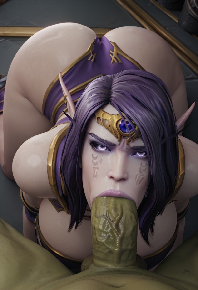 ai_generated ass big_breasts black_sclera blowjob breasts clothed_female dick_on_face elf elf_female face_markings fellatio female glowing_eyes green_skin jewelry light-skinned_female light_skin male male/female on_knees orc orc_male penis penis_in_mouth purple_eyes purple_hair purple_skin thick_thighs tiara veiny_penis void_elf void_elf_female world_of_warcraft xal'atath