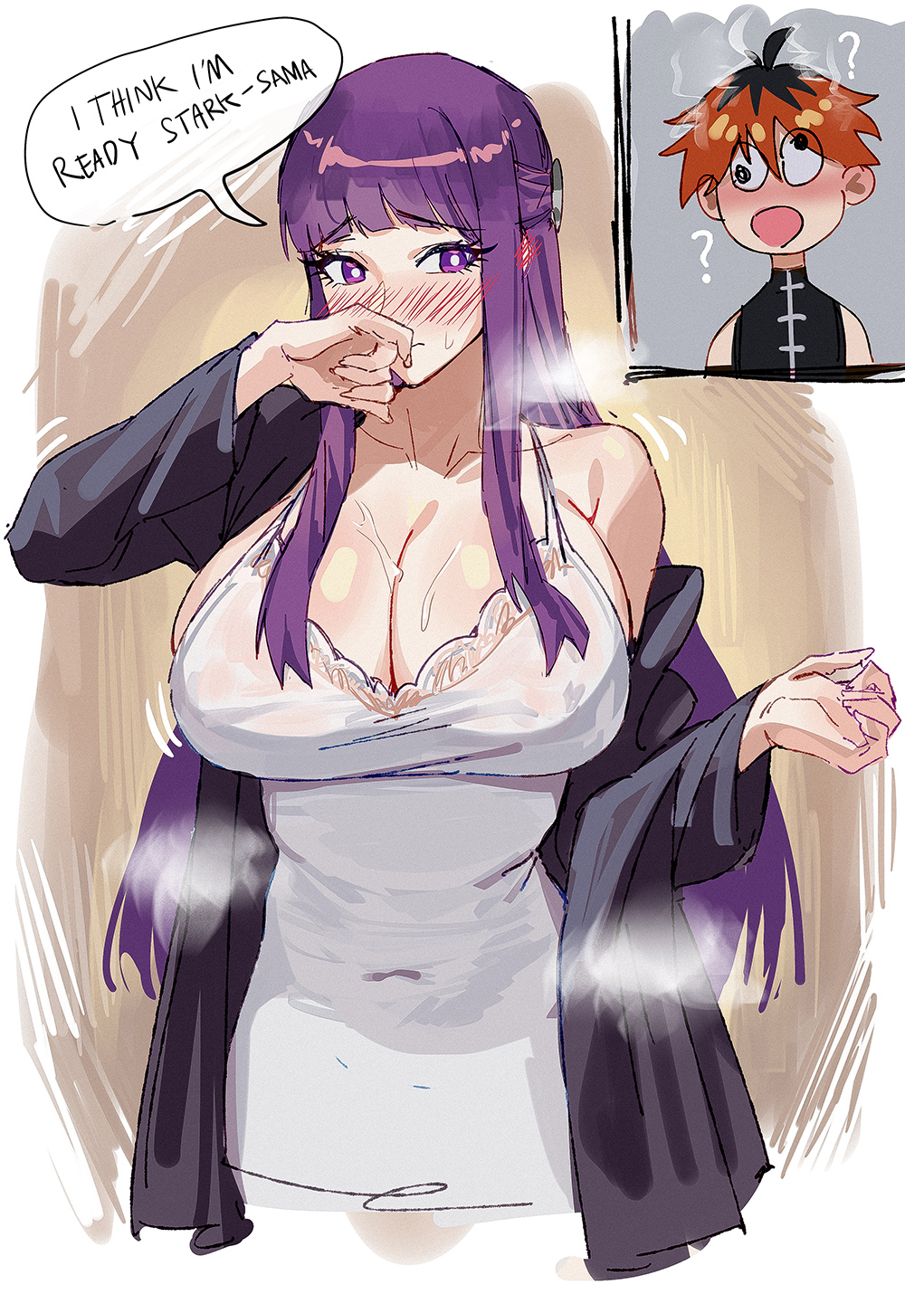 1boy 1girls ? bare_shoulders big_breasts blunt_bangs blush celyn404 dress english_text female fern_(sousou_no_frieren) highres long_hair off_shoulder open_mouth purple_eyes purple_hair sousou_no_frieren stark_(sousou_no_frieren) white_dress