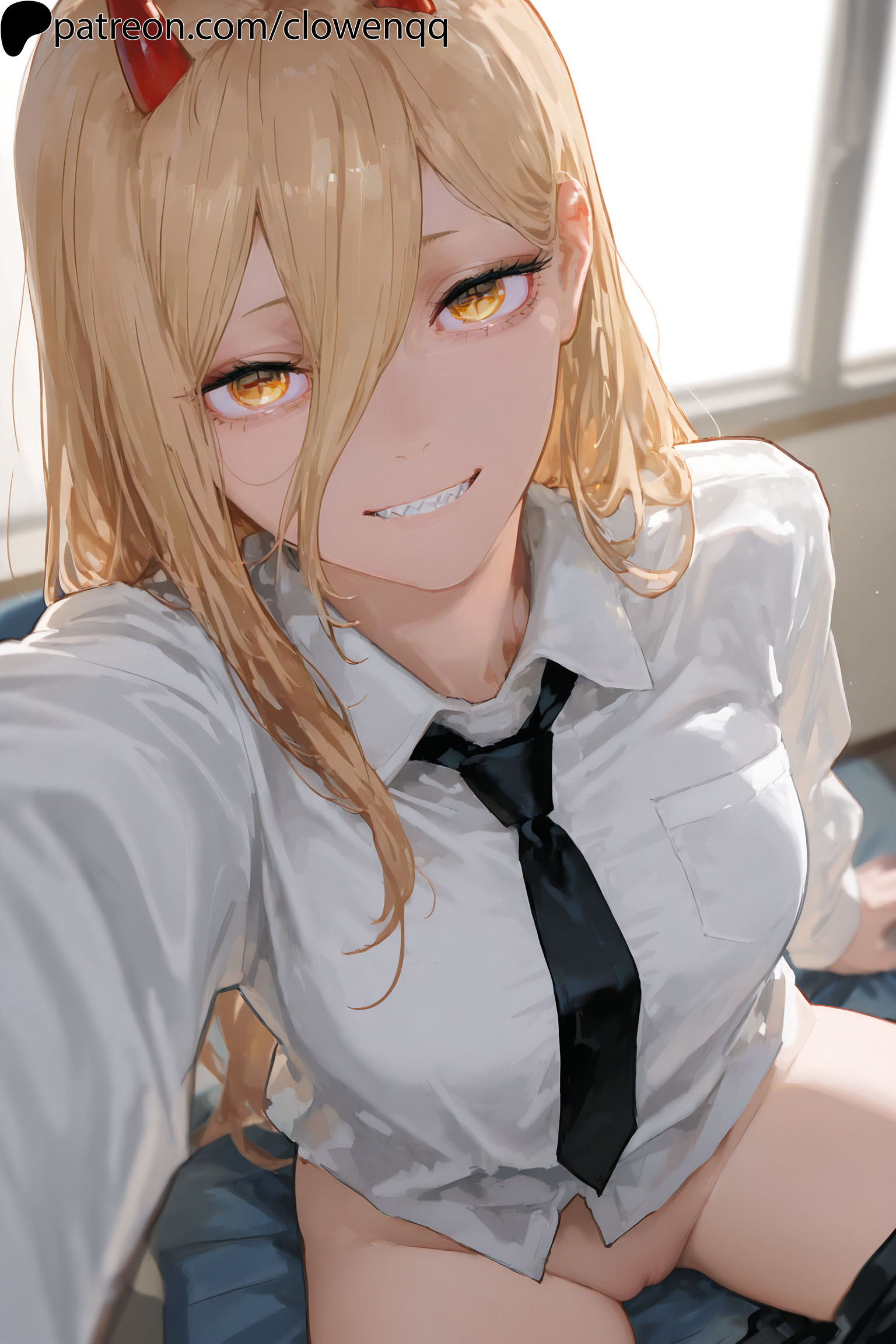 1girls, ai generated, blonde hair, chainsaw man, clowenqq, devil horns, dress shirt, exposed pussy, female, female focus, female only, from above, hair between eyes, hi res, holding, horns, long hair, looking at viewer, necktie, no panties, pants down, power (chainsaw man), pussy, selfie, sharp teeth, sitting, smiling, smiling at viewer, solo, solo female, solo focus, symbol-shaped pupils, uncensored, white shirt, yellow eyes