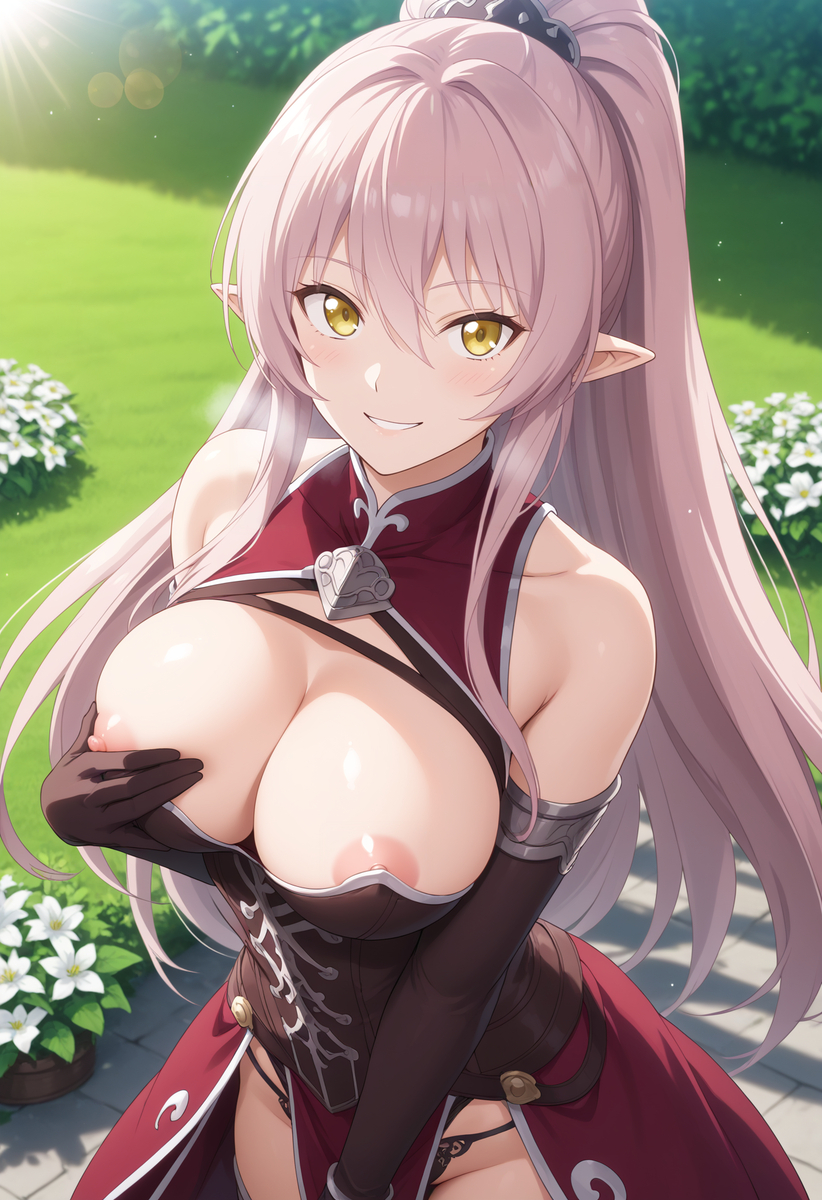 ai generated, ariane glenys lalatoya, big breasts, black panties, breasts, dark elf, elf, elf ears, female, gaikotsu kishi-sama tadaima isekai e o dekake-chuu, long hair, nipples, pink hair, smile, yellow eyes