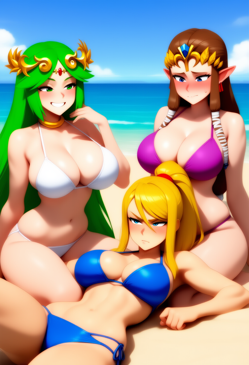 3girls ai_generated beach bikini blonde_hair breasts brown_hair green_hair kid_icarus large_breasts legend_of_zelda lying metroid nintendo palutena princess_zelda samus_aran