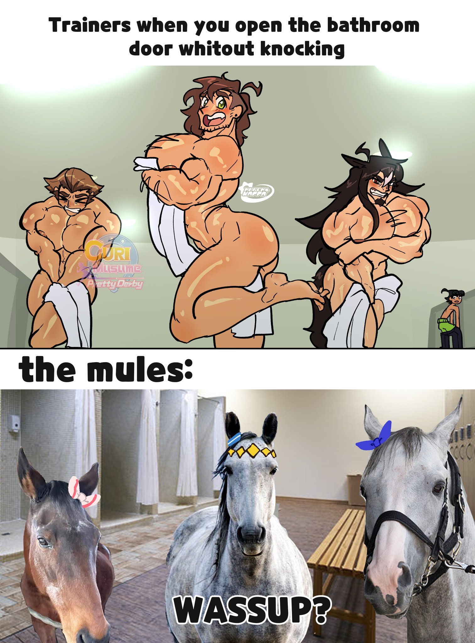 bara, big pecs, haremkappa, horse, locker room, male, male only, meme, muscular, muscular male, trainer (umamusume), umamusume, umamusume pretty derby