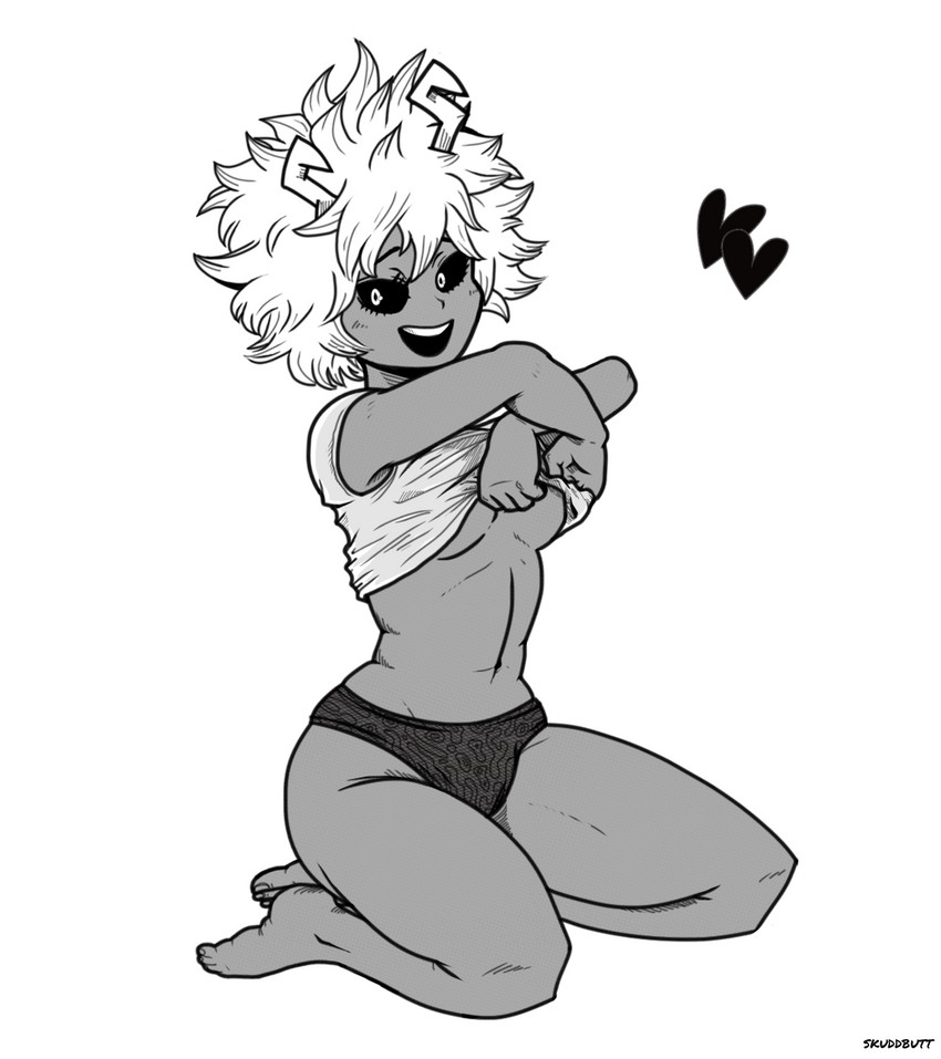 1girls, ashido mina, bimbo, boku no hero academia, breasts, dichrome, female, female only, heart, horns, kneeling, lifted shirt, looking to the side, mina ashido, monochrome, my hero academia, open mouth, panties, pink skin, skuddbutt, smile, teenager, underboob, underwear, white hair