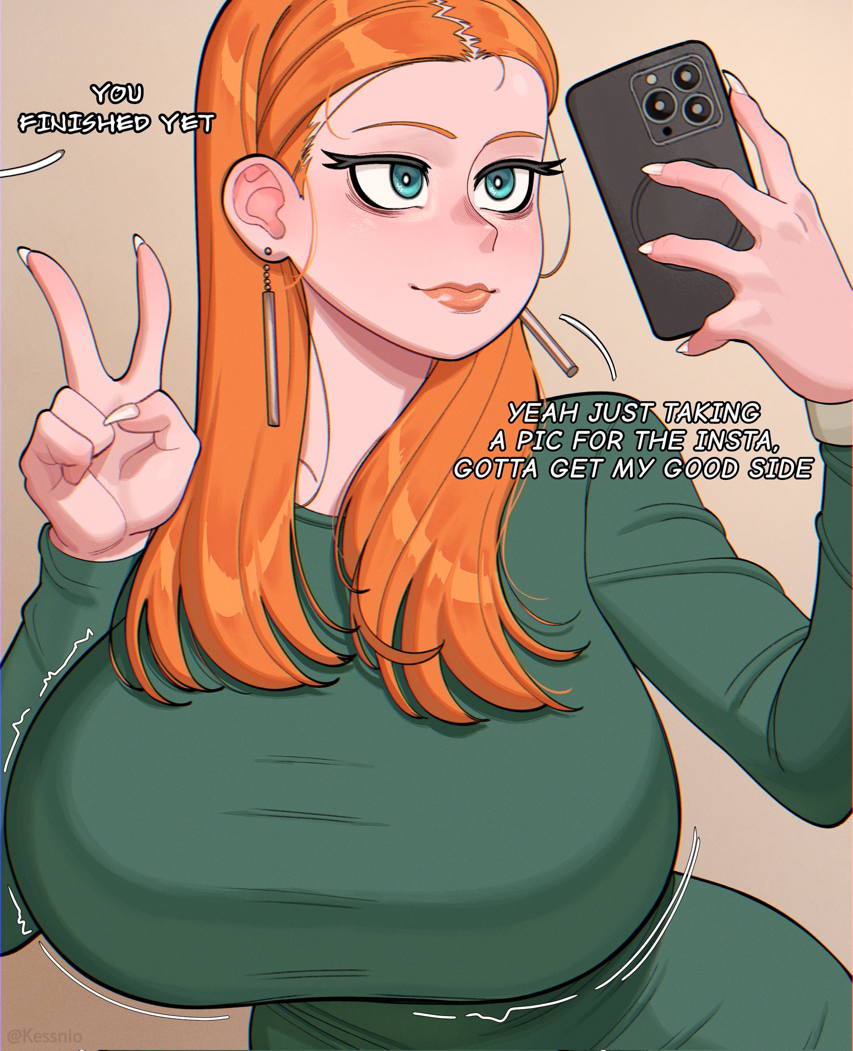 1girls, blue eyes, breasts, clothed, clothing, ear piercing, earrings, english text, female, female focus, female only, holding, holding object, holding phone, huge breasts, kessnio, long hair, looking at viewer, orange hair, original, phone, piercing, smile, solo, solo female, solo focus, v, xabelha
