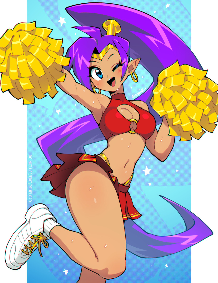 1girls, 333 (dqqqdle), alternate costume, blue eyes, breasts, cheerleader, cheerleader uniform, earrings, female, female only, happy, long hair, pom poms, purple hair, shantae, shantae (character), solo, sweatdrop, thighs, wink