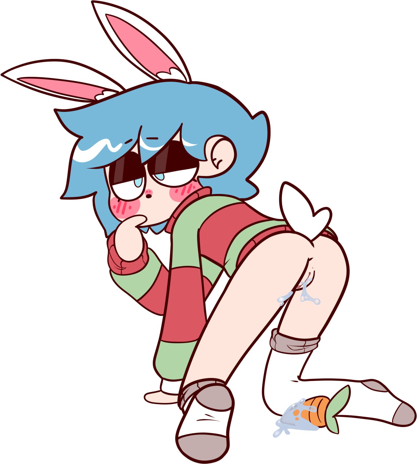 1cuntboy, 2021, ass, blue eyes, blue hair, blush, bottomless, bunny ears, bunny tail, carrot, cuntboy, cuntboy only, drawz artz, finger in mouth, hair, human, no underwear, original, original character, pussy, pussy juice, socks, sweater, trans, vagina, vaginal insertion, vaginal object insertion, vegetable, vincent (drawz artz)