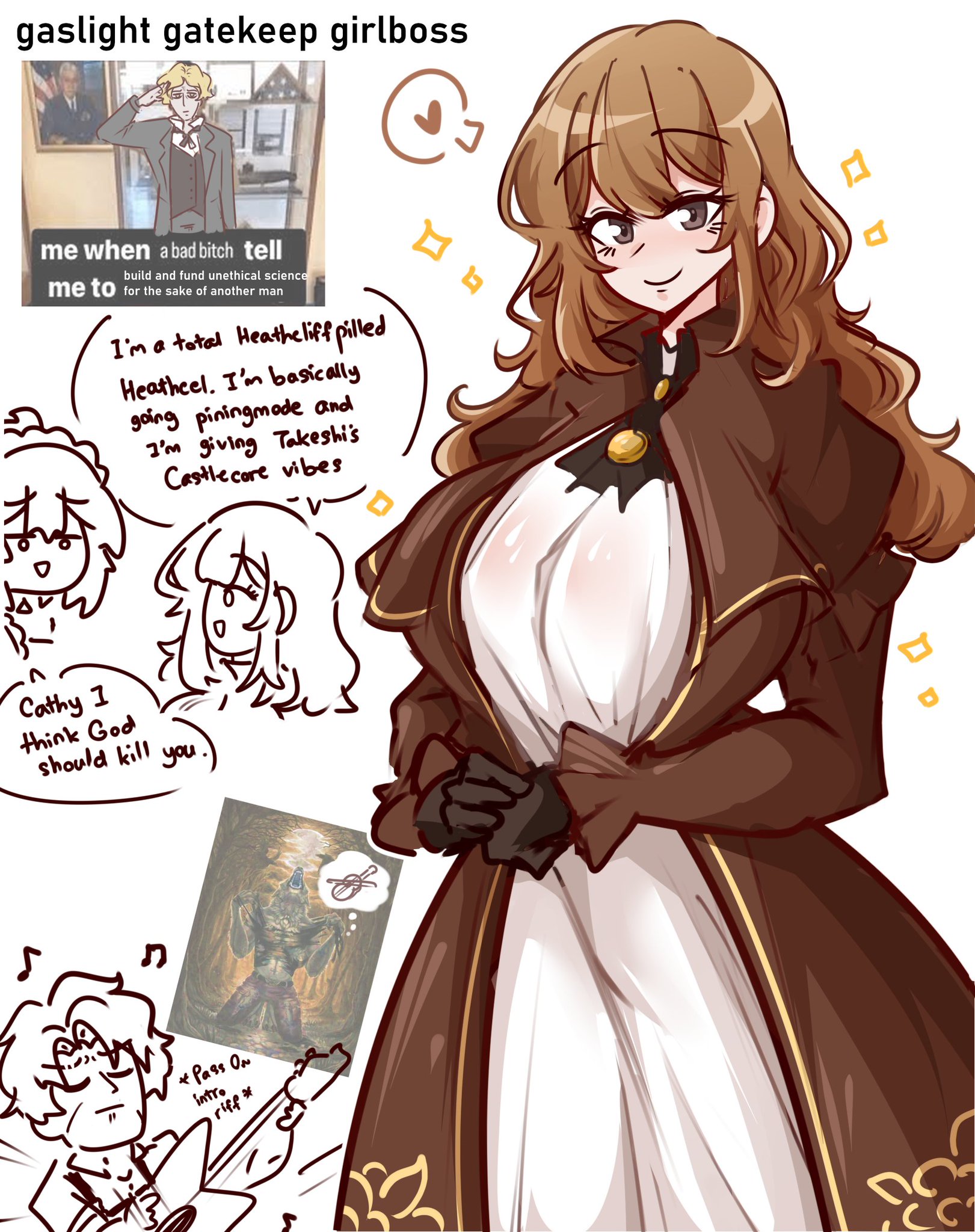 ■■■■■(limbus company), 1girls, black gloves, blush, breasts, brown eyes, brown hair, catherine (limbus company), dankestsin, english text, female, female only, fully clothed, gloves, heathcliff (limbus company), huge breasts, light skin, light-skinned female, limbus company, linton (limbus company), looking at viewer, me when a bad bitch tell me to do something, medium hair, meme reference, nelly (limbus company), project moon, smile, solo focus, spoken heart
