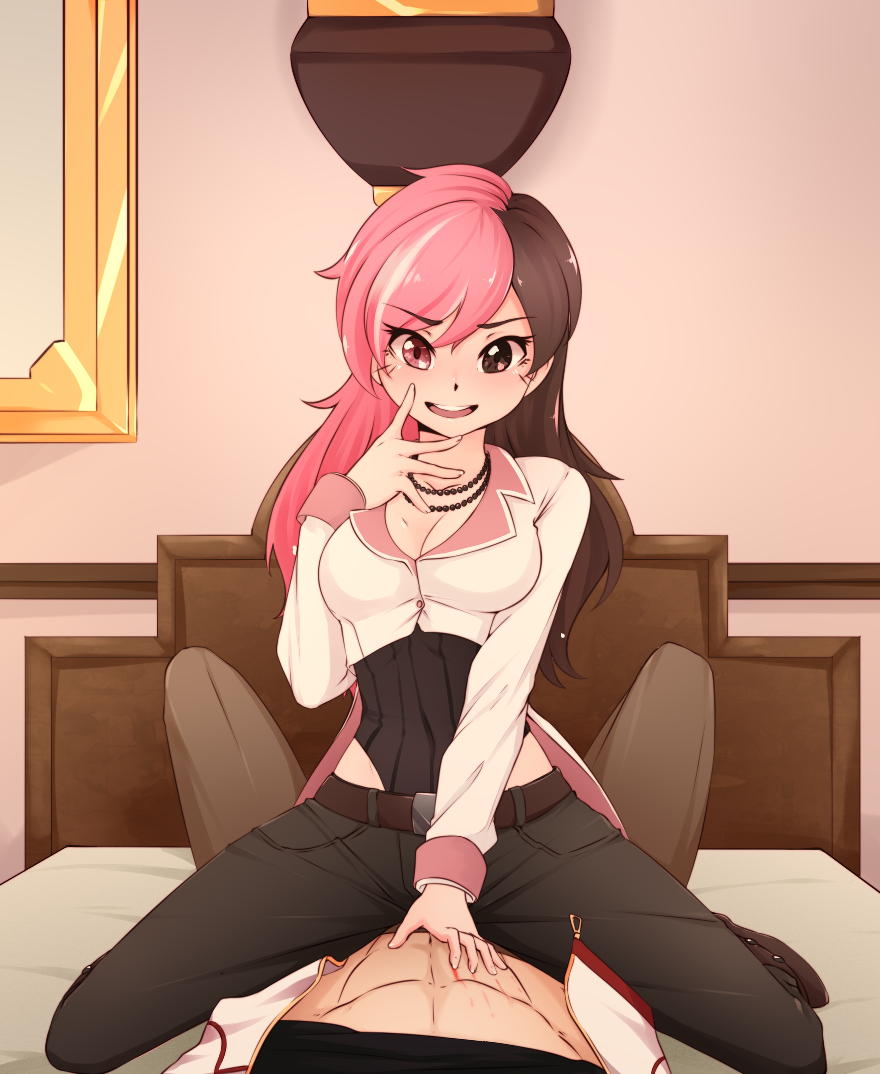 1boy, 1girls, abs, clothed, clothing, david di kabegis, deredereday, dominant female, female, female on top, femdom, heterochromia, jpde, light skin, light-skinned female, light-skinned male, male, malesub, multicolored hair, neo (rwby), pink eyes, pink hair, rwby, scratches, scratching, sfw, submissive male, tagme