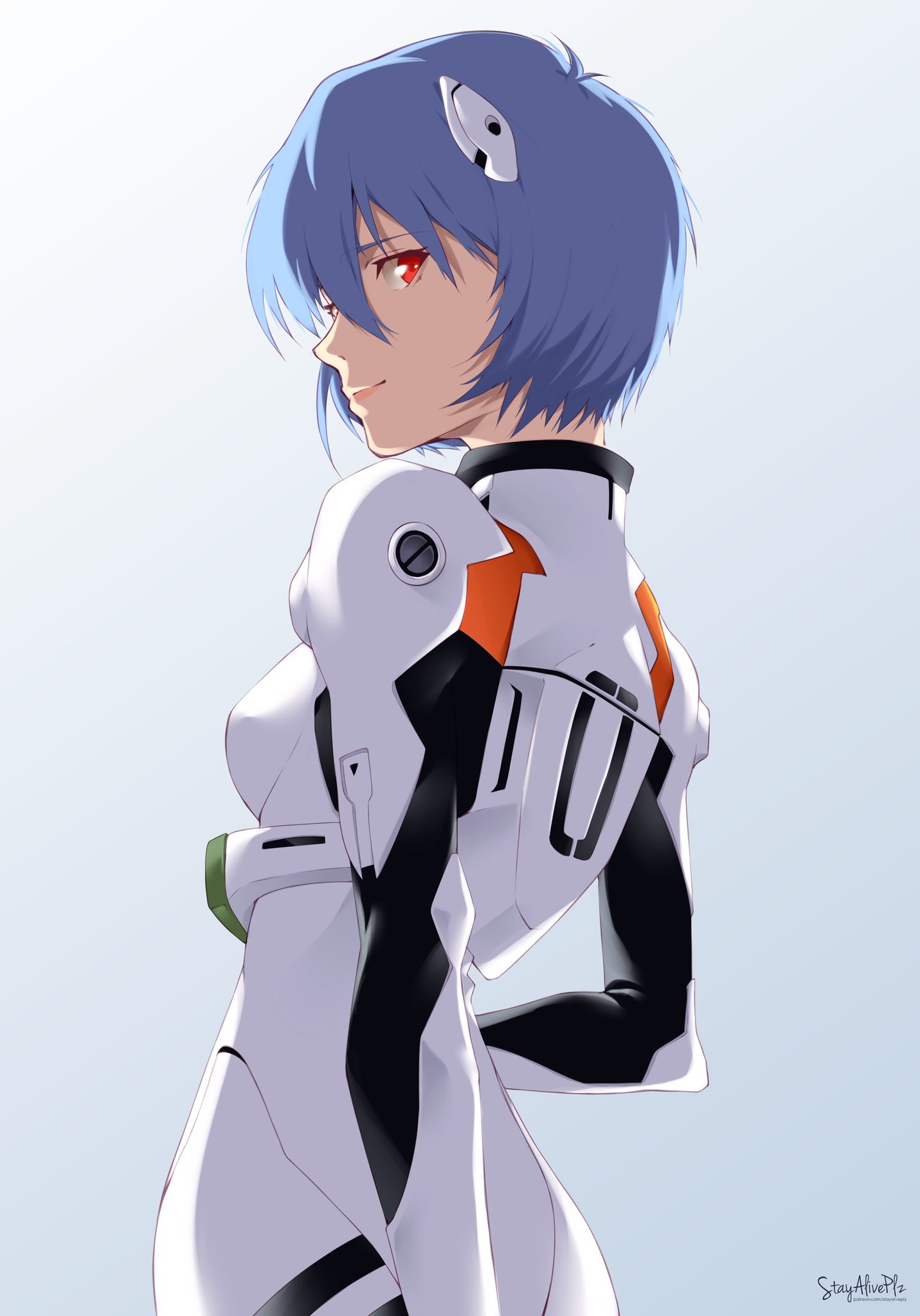 1girls, blue hair, female, hair ornament, light smile, neon genesis evangelion, red eyes, rei ayanami, short hair, sole female, stayaliveplz