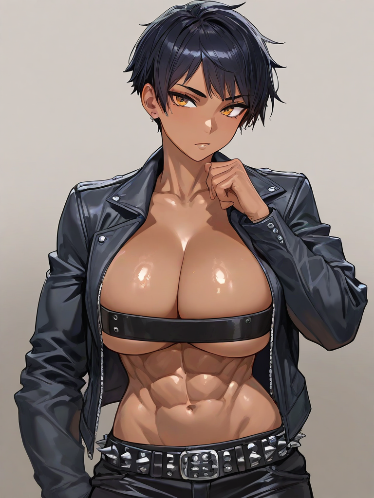 1girls ai_generated andava_(style) belt belt_bra black_hair black_jacket black_pants cas_(kosine1777) dark_skin huge_breasts jacket kosine1777 kosineverse leather_vest muscular muscular_female original original_character pants short_hair skindentation tomboy top_heavy underboob