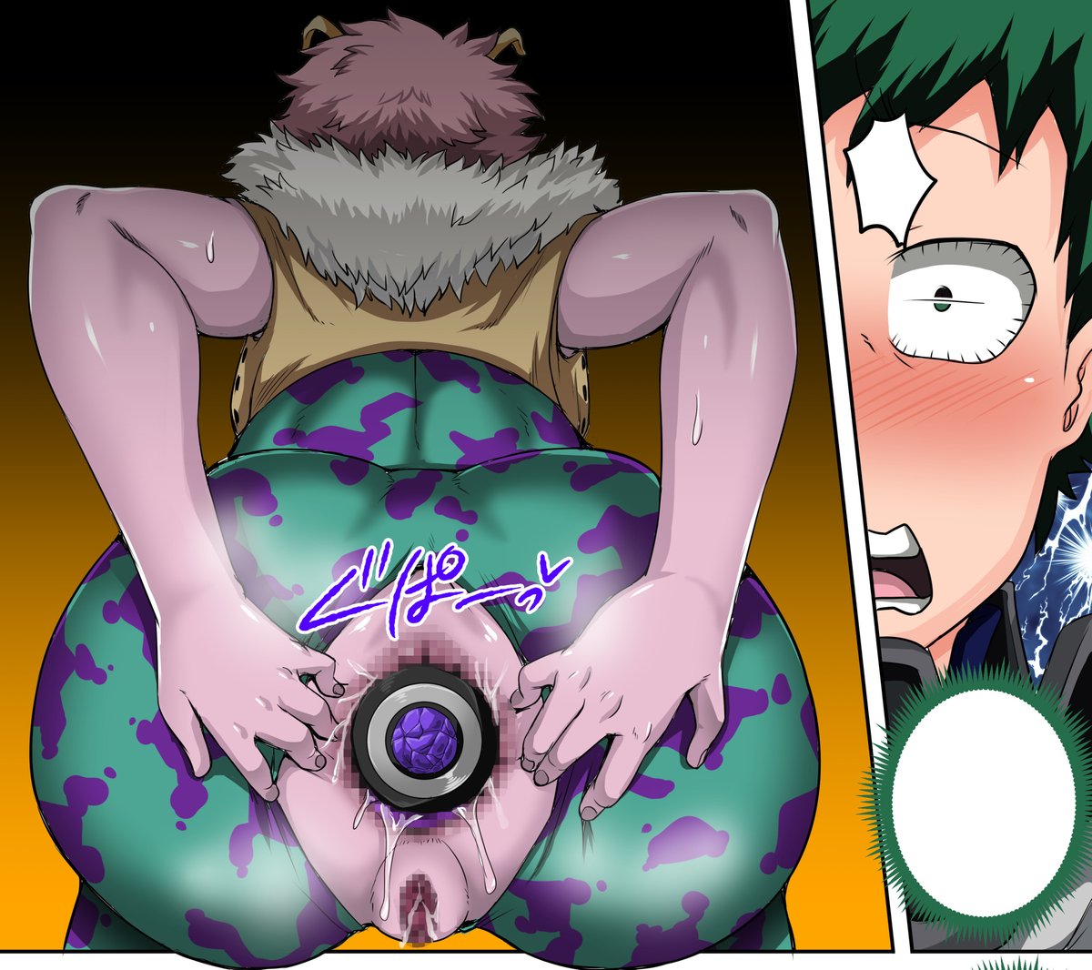 anal, anal plug, anal sex, buttplug, censored, clothing, female, hero outfit (mha), izuku midoriya, juna juna juice, mina ashido, my hero academia, pussy, ripped clothing, vagina