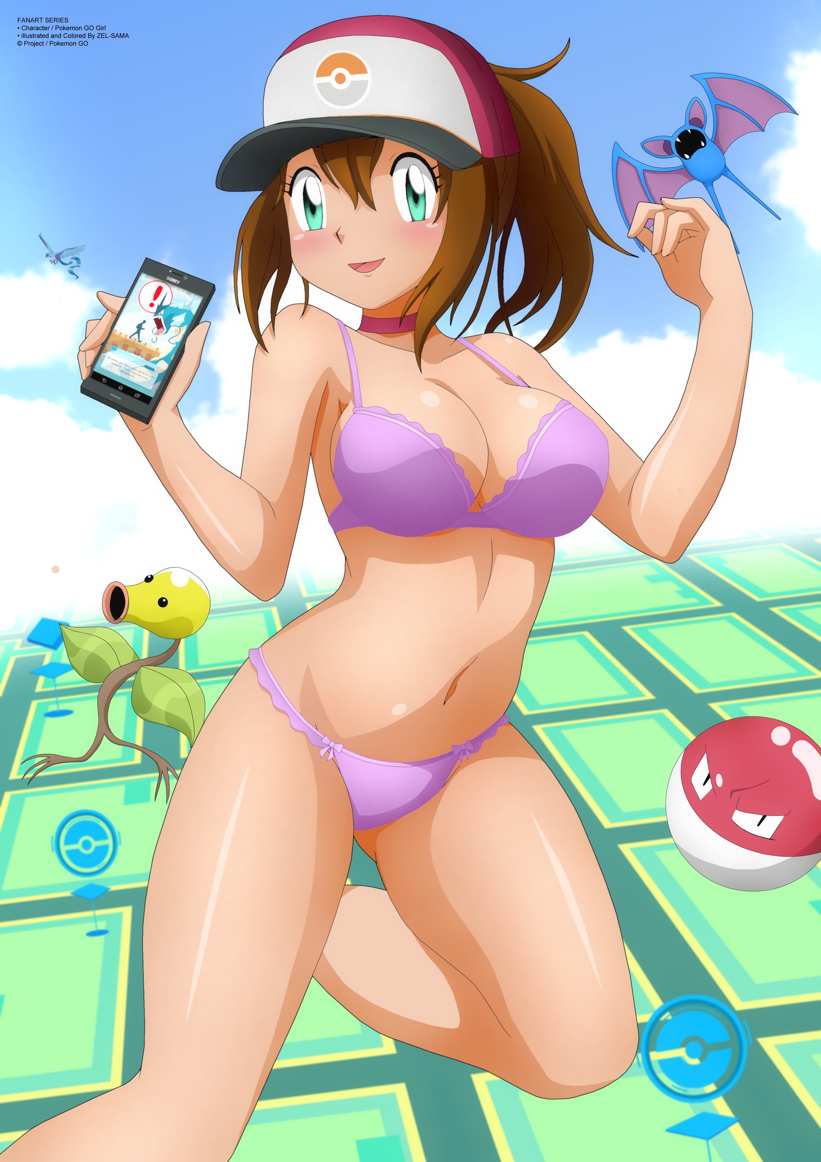1girls, ambiguous gender, articuno, avian, bellsprout, belly, black eyes, blush, bra, breasts, brown hair, brown-haired female, cleavage, clothed, female, female only, female protagonist (pokemon go), feral, green eyes, hat, holding, legendary pokemon, looking at viewer, navel, open mouth, panties, phone, pink bra, pink panties, plant, pokemon, pokemon (species), pokemon go, pokemon rgby, ponytail, smile, smooth skin, text, tongue, voltorb, watermark, zel-sama, zubat