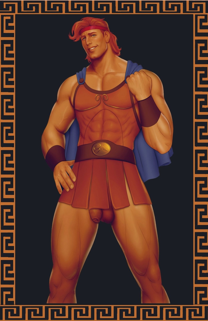 balls, disney, drawnpr0n, flaccid, foreskin, hercules (character), hercules (disney), male, male only, muscular, penis, penis under clothes, testicles, uncircumcised, uncut, white male