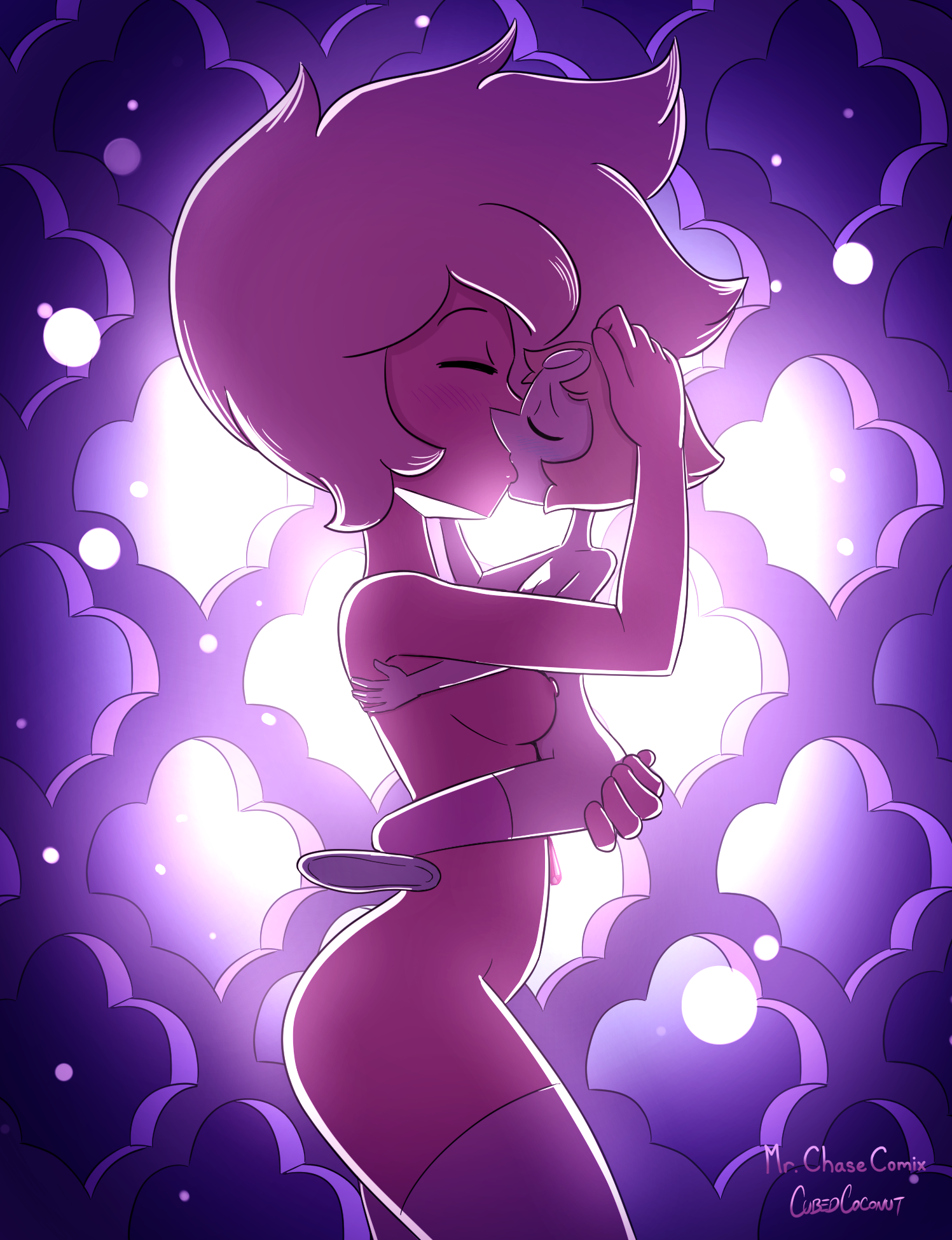 2girls, afro, ass, blush, cartoon network, closed eyes, cubedcoconut, curvy, diamond authority, female, female only, gem (species), giantess, hug, hugging, kissing, large female, long gloves, long hair, milf, mini giantess, multiple females, multiple girls, no panties, nude, nude female, pearl (steven universe), pink diamond (steven universe), pink skin, plain background, short hair, size difference, steven universe, stocking, thighhigh socks, thighhighs, white skin, yuri
